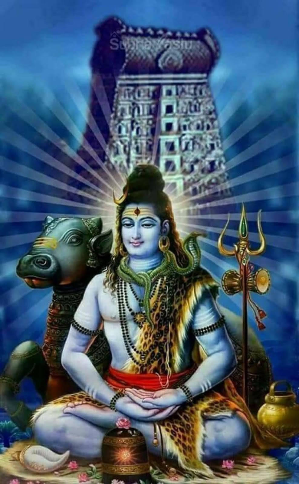 hindu iPhone 桌布 壁紙 — 一位神聖的藍皮膚神祇，帶著公牛和三叉戟，寧靜地坐在光芒四射的寺廟前，周圍環繞著神聖的符號。