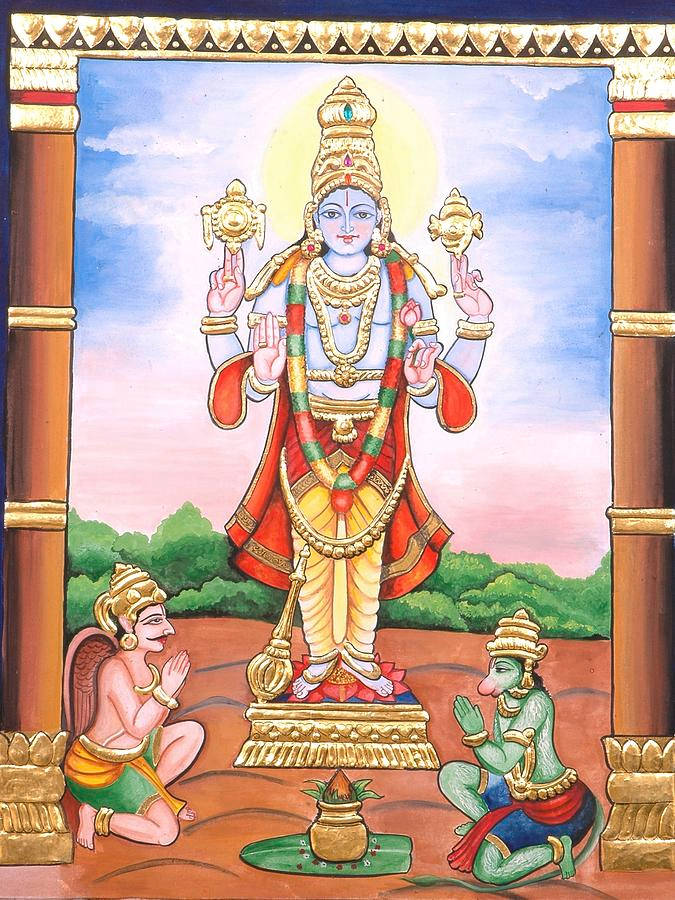 Vishnu 桌布 壁紙 — 一位神聖的藍皮膚神祇，擁有多隻手臂和華麗珠寶，站在一個基座上，兩側有兩個跪著的人物，處於一個帶框的寺廟場景中。