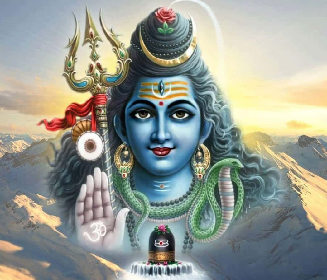 Lord Shiva 桌布 壁紙 — 一位神聖的藍皮膚神祇，頭戴新月冠冕，手持三叉戟，在日落時分矗立於積雪的山頂之上。