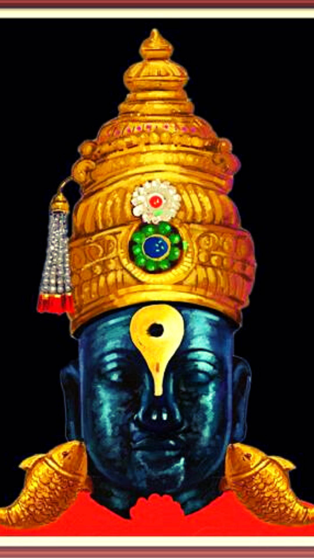 lord shiva mobile 桌布 壁紙 — 一位神聖的藍皮膚神祇，頭戴飾有珠寶和第三隻眼的金色皇冠，兩側有金色魚，背景為黑色。