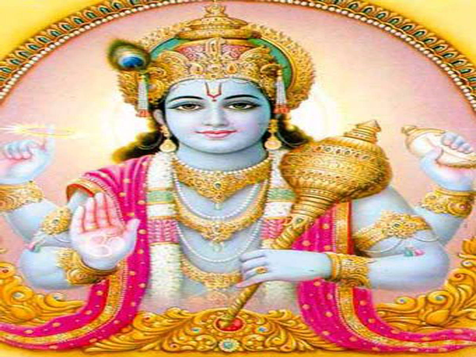 Vishnu 桌布 壁紙 — 一位神聖的藍皮膚神祇，飾有金色珠寶和粉紅長袍，在光芒四射的光環背景下手持神聖符號。