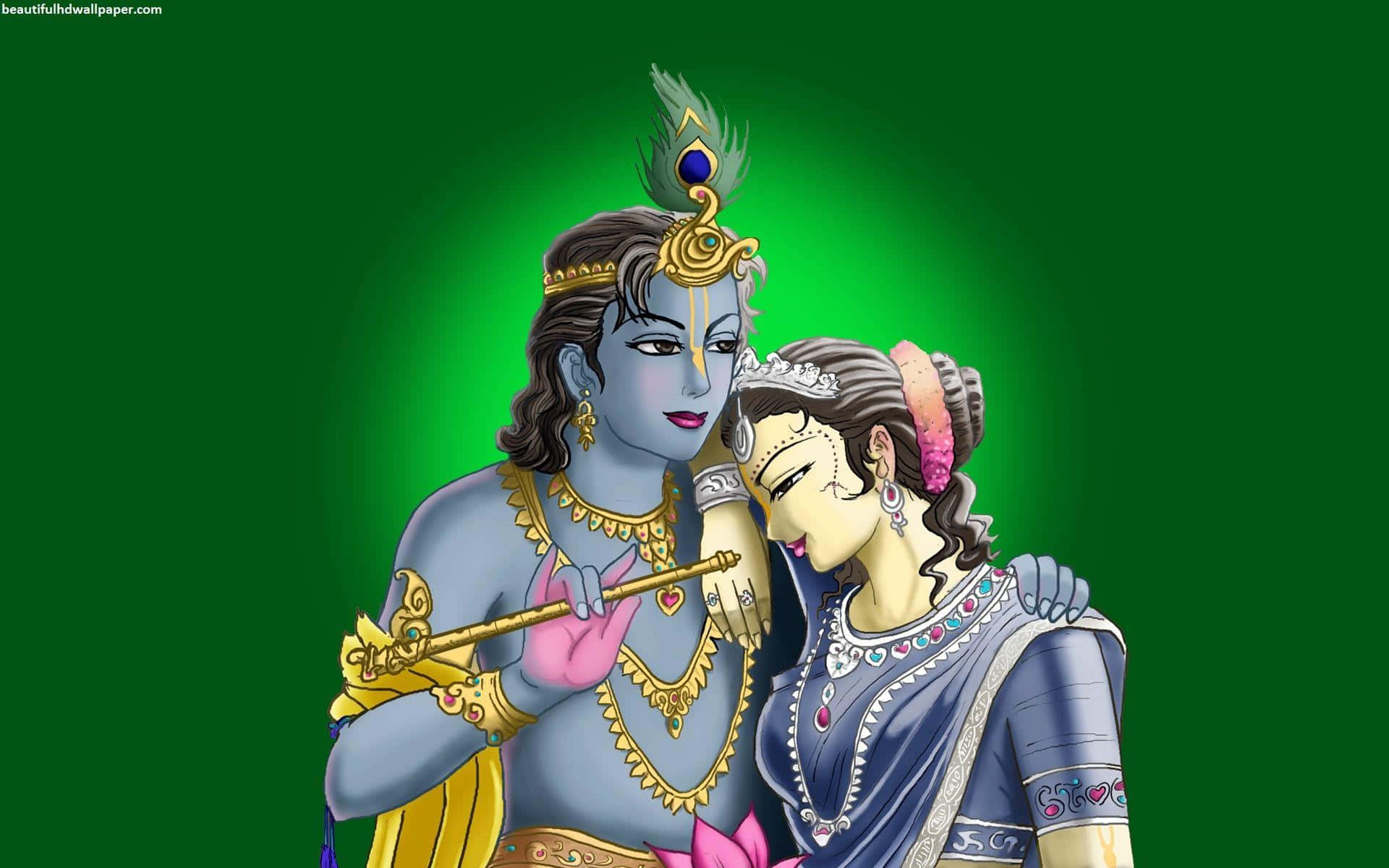 Radha Krishna 桌布 壁紙 — 一位神聖的藍皮膚神祇戴著孔雀羽毛皇冠，手持長笛，擁抱著一位佩戴珠寶的寧靜女子，背景是發光的綠色。