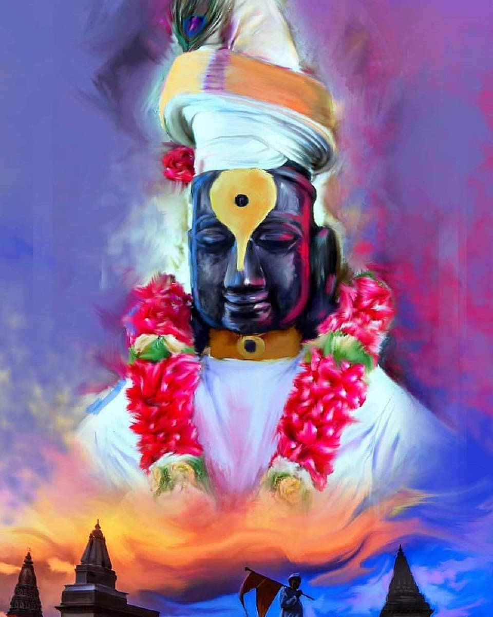 Hindu God 桌布 壁紙 — 一位神聖的黑面神祇，頭戴孔雀羽毛冠冕，身披紅色花環，在 vibrant 的日落天空下漂浮於寺廟尖頂之上。
