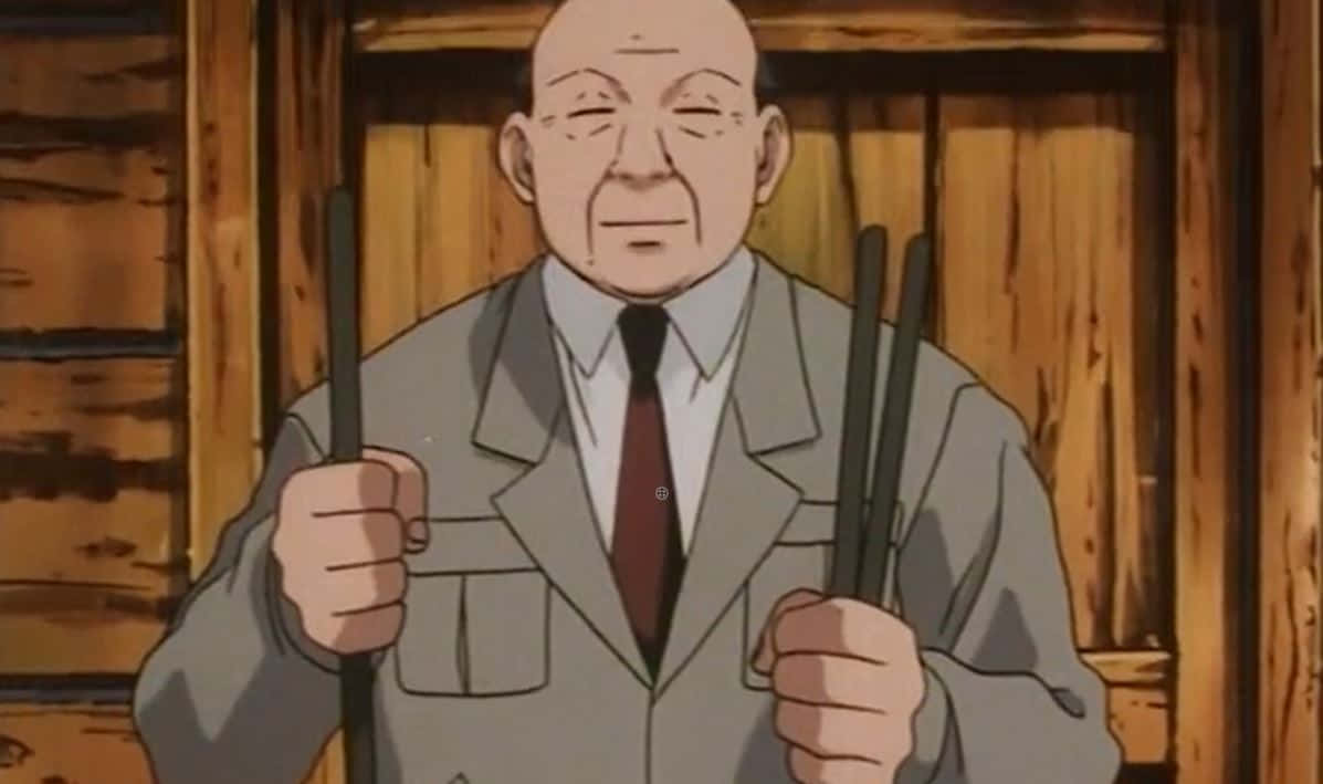 Hunter X Hunter Zebro 桌布 壁紙 — 一位禿頭的年長動畫男性穿著灰色西裝，手持兩根黑色棍子靠在木牆上。