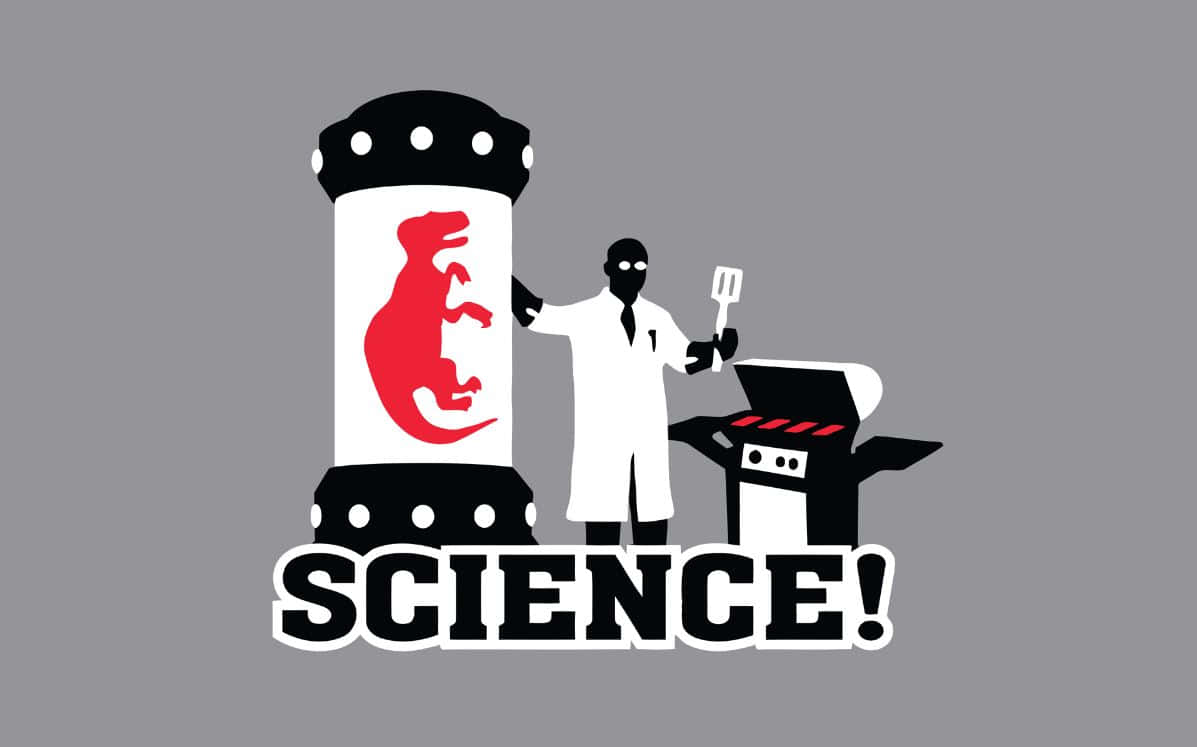 Cartoon Science 桌布 壁紙 — 一位科學家在標有科學的試管內烤一隻紅色恐龍，背景為灰色。