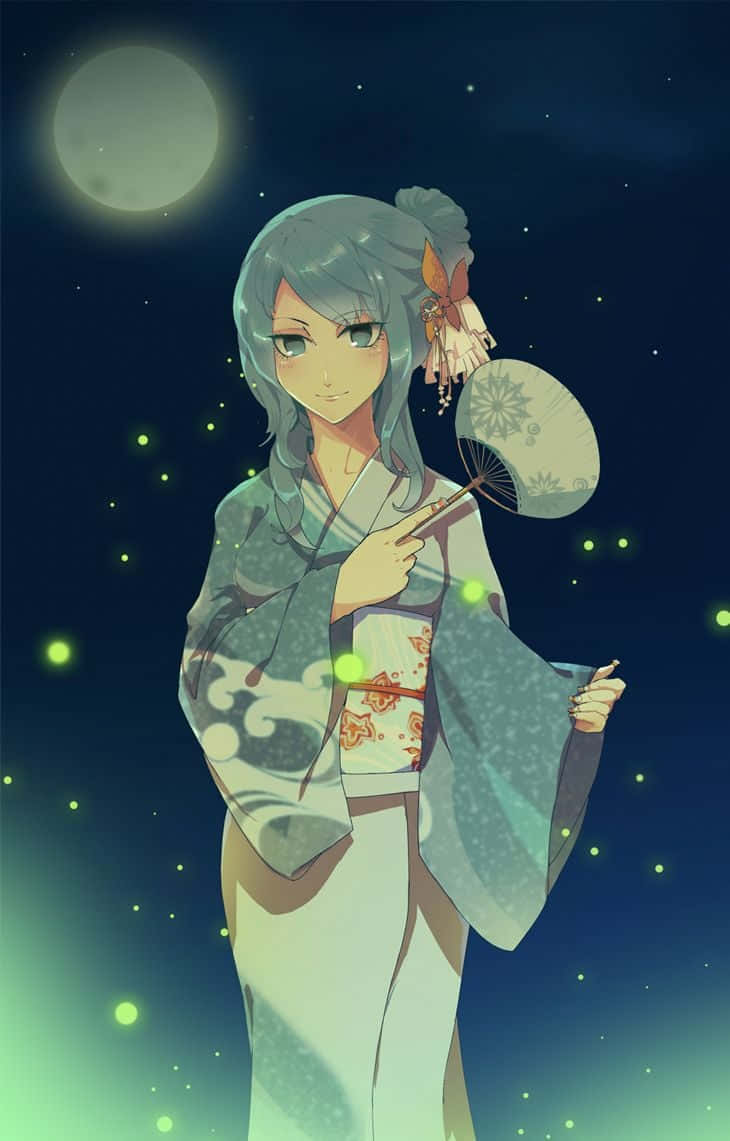 juvia lockser 桌布 壁紙 — 一位穿著傳統和服的寧靜動漫女孩，在發光的月亮下，被漂浮的螢火蟲包圍，手持扇子。