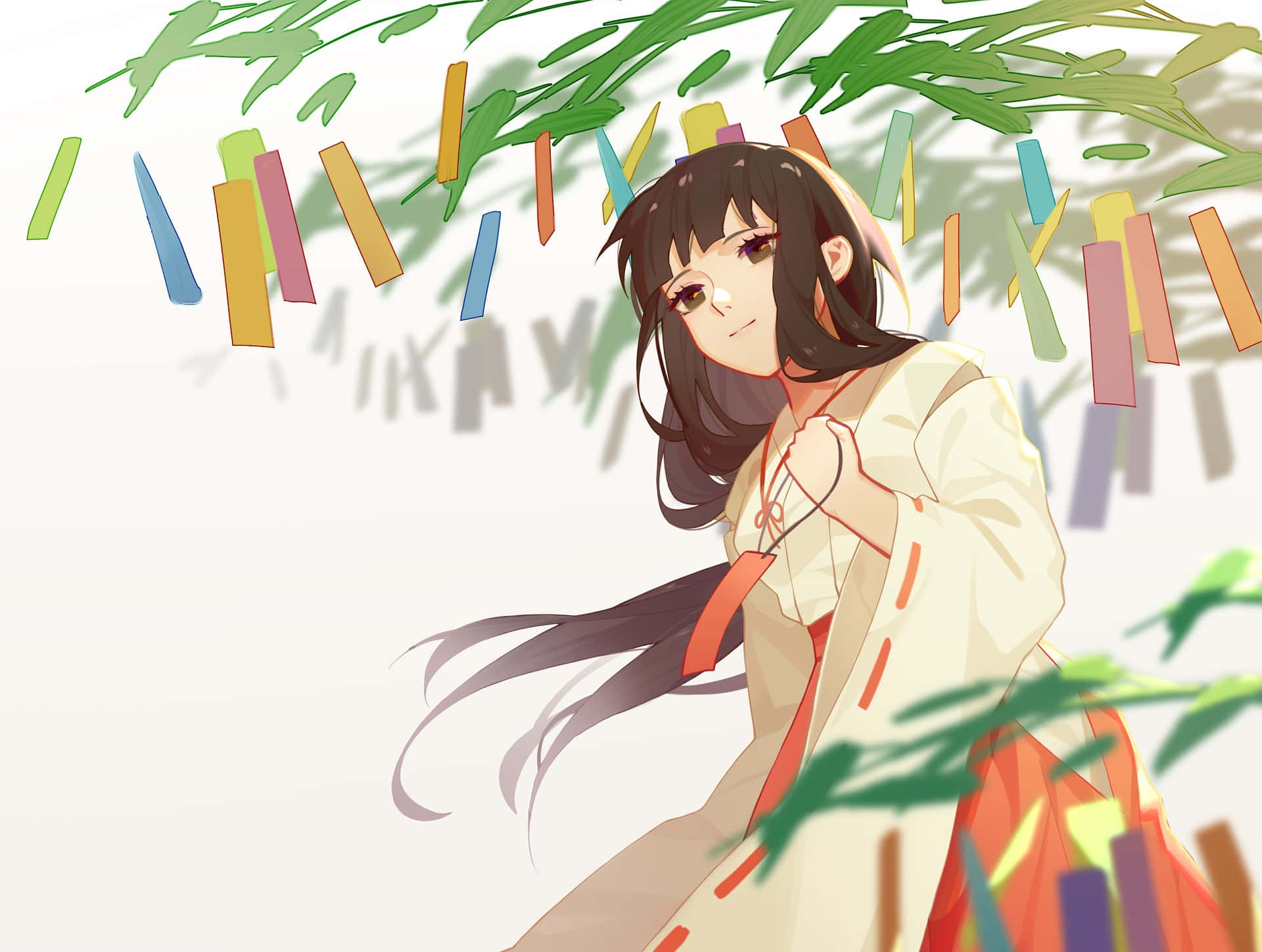 Kikyo 桌布 壁紙 — 一位穿著傳統和服的寧靜動漫女孩站在彩色紙條和綠色樹葉下。