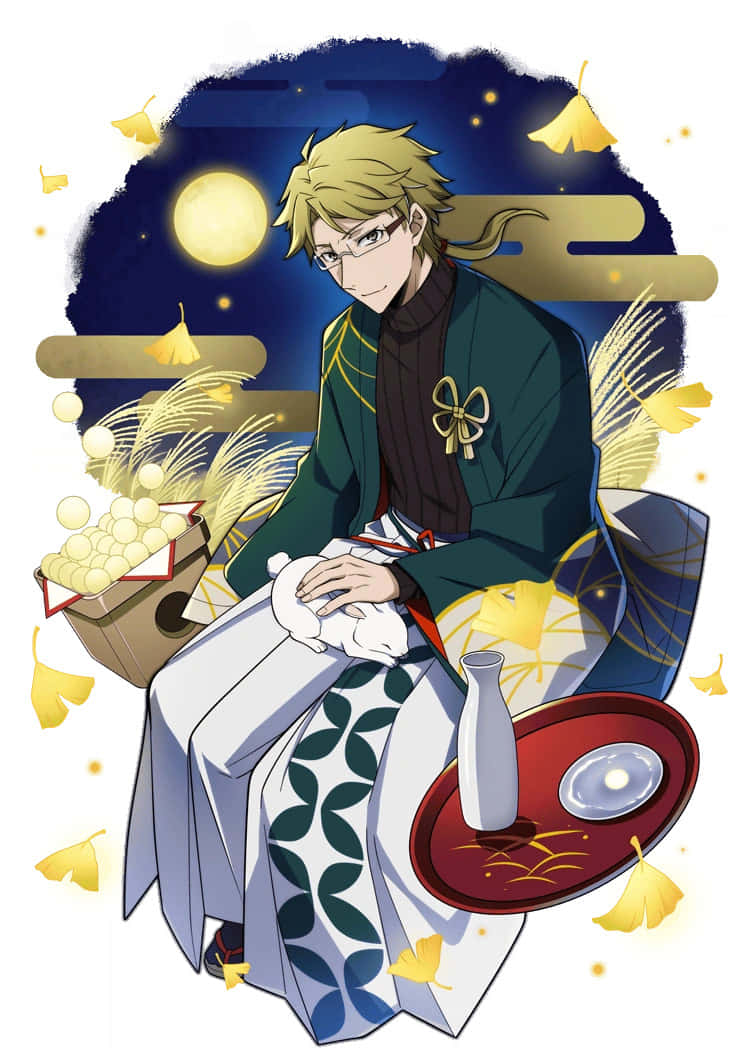 Kunikida 桌布 壁紙 — 一位穿著傳統綠色和白色長袍的年輕動漫男子，在發光的月亮下平靜地坐著，周圍飄落著金色的銀杏葉。