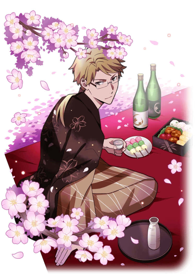Kunikida 桌布 壁紙 — 一位穿著和服的年輕男子在飄落的粉紅色花瓣下享用櫻花茶和甜點。