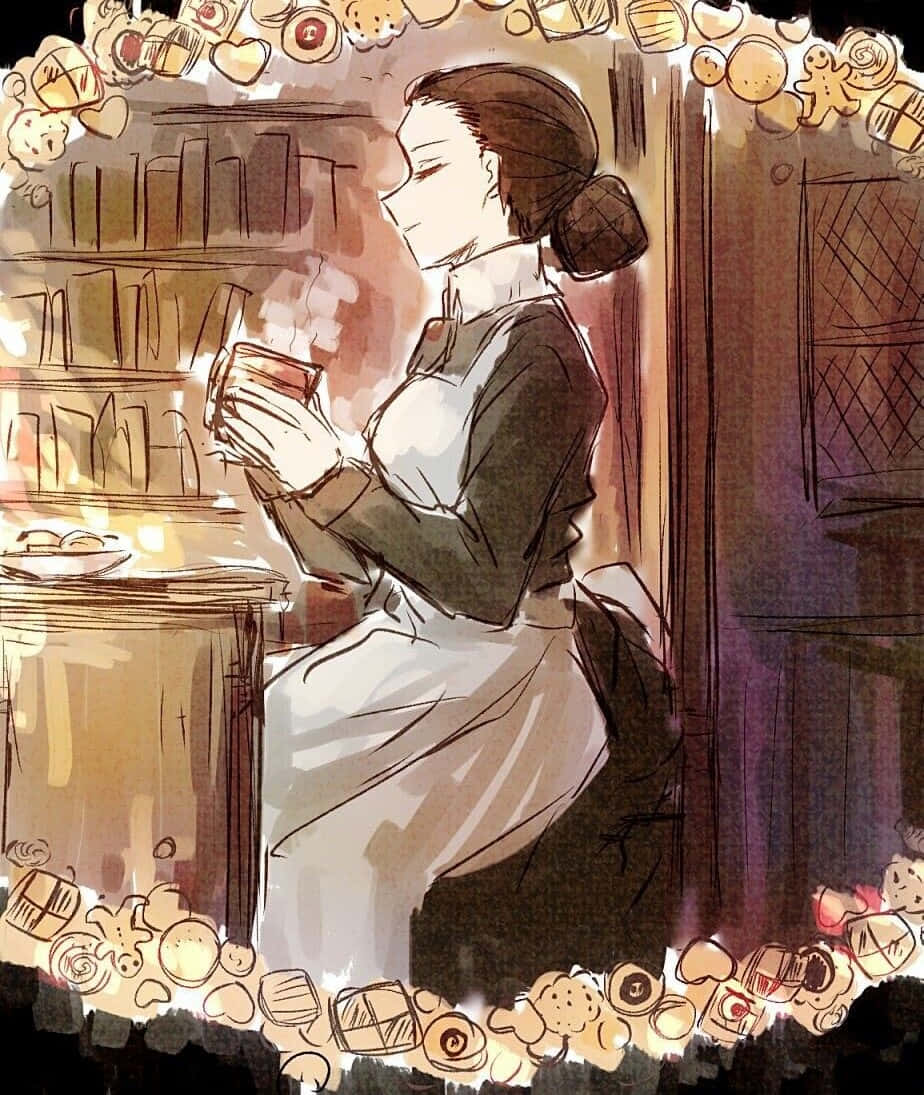 The Promised Neverland Isabella 桌布 壁紙 — 一位穿著圍裙的女性在溫暖的壁爐旁啜飲茶，周圍環繞著節日餅乾裝飾，營造出舒適的插圖場景。