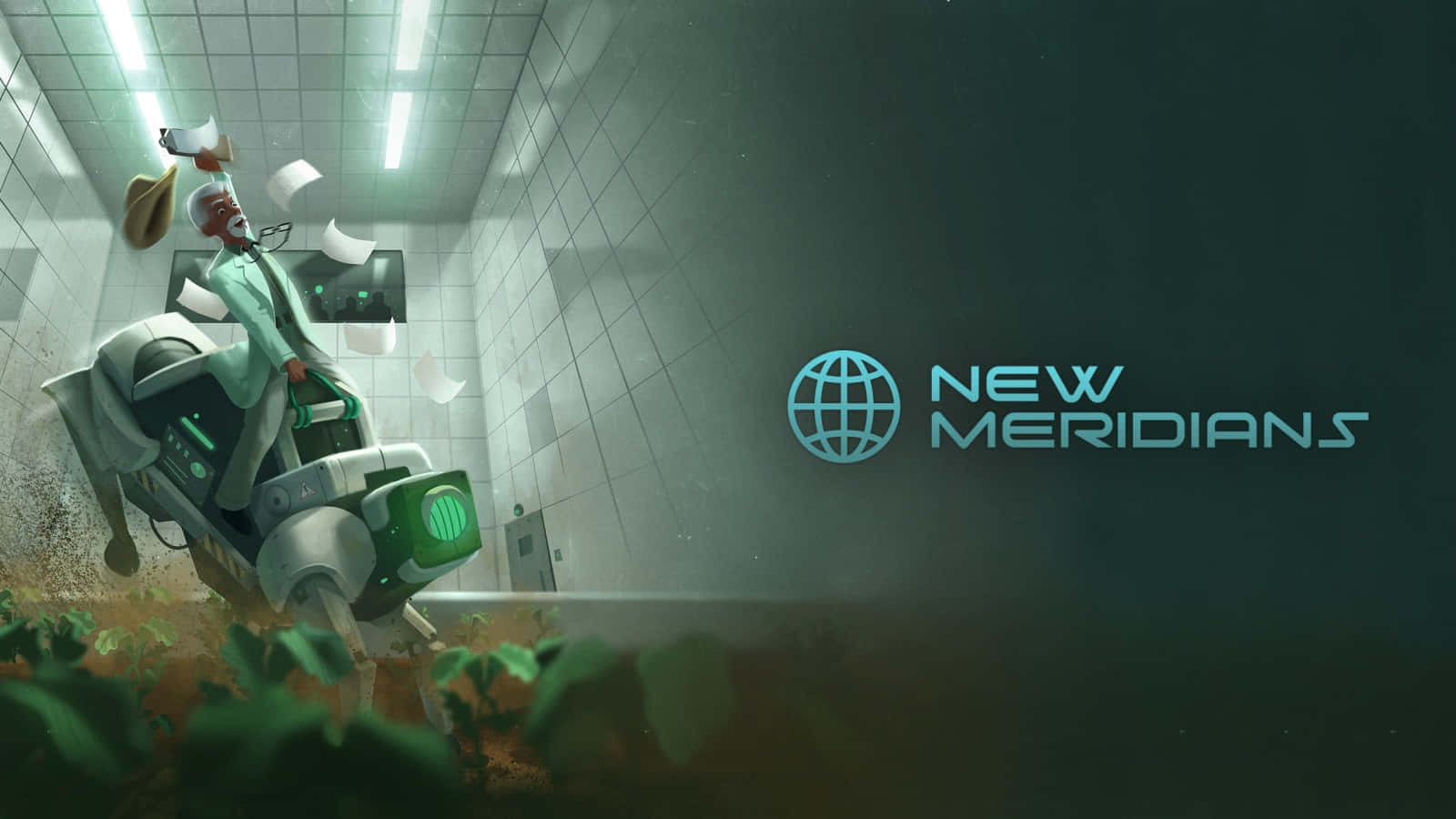 Real-time Strategy Games 桌布 壁紙 — 一位穿著實驗室外套的科學家騎著未來風格的滑板車穿過瓷磚走廊，紙張飛舞，綠色植物從地板長出。