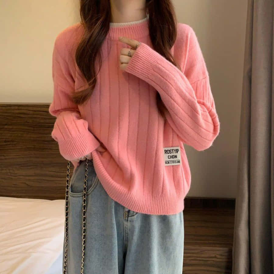 Pink Sweater 桌布 壁紙 — 一位穿著柔軟粉紅色羅紋毛衣和淺藍色牛仔褲的人站在室內，靠近床和窗簾。
