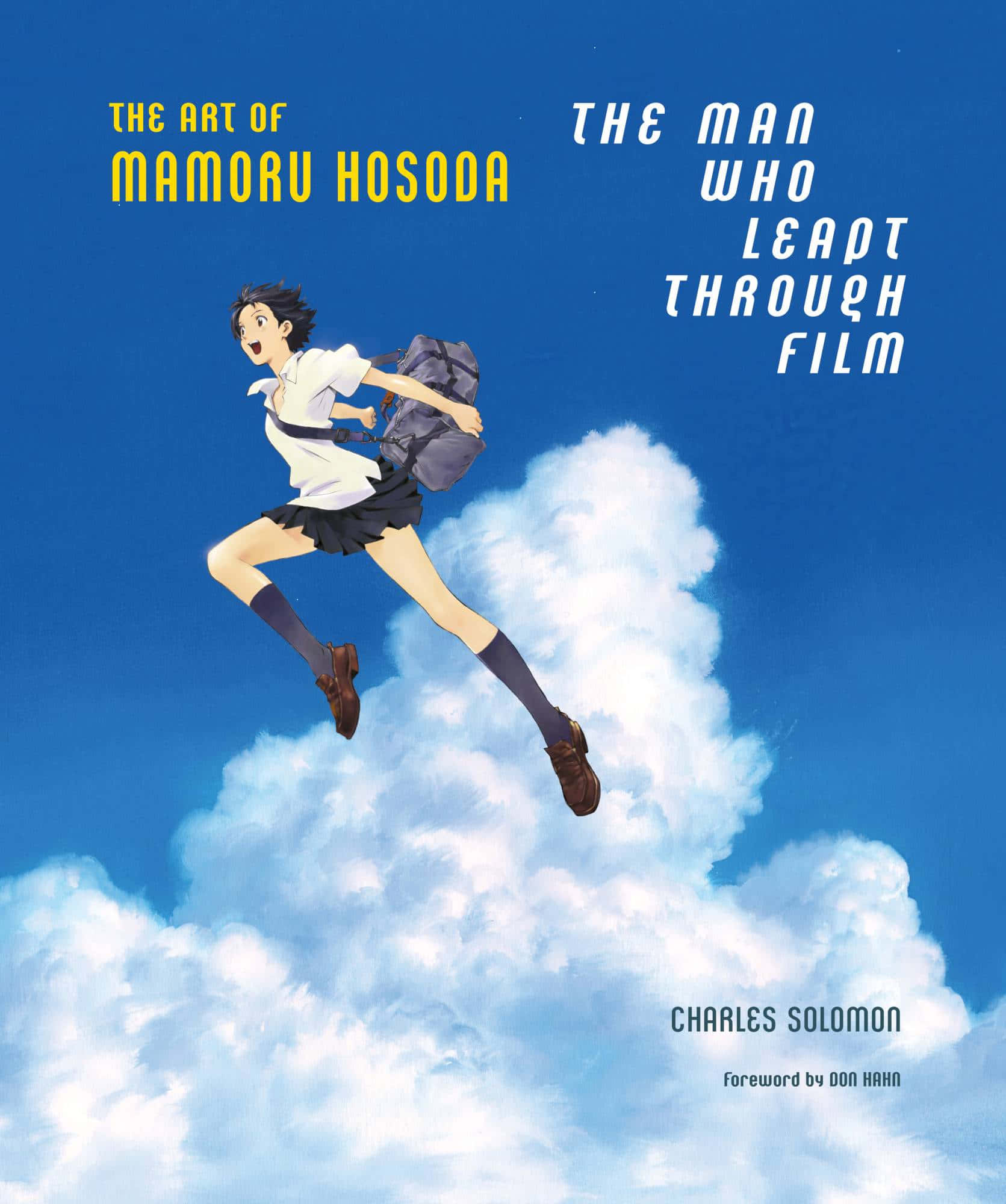 The Girl Who Leapt Through Time 桌布 壁紙 — 一位穿著校服的年輕動漫女孩在湛藍的天空中，歡快地跳躍過 fluffy 的白雲。