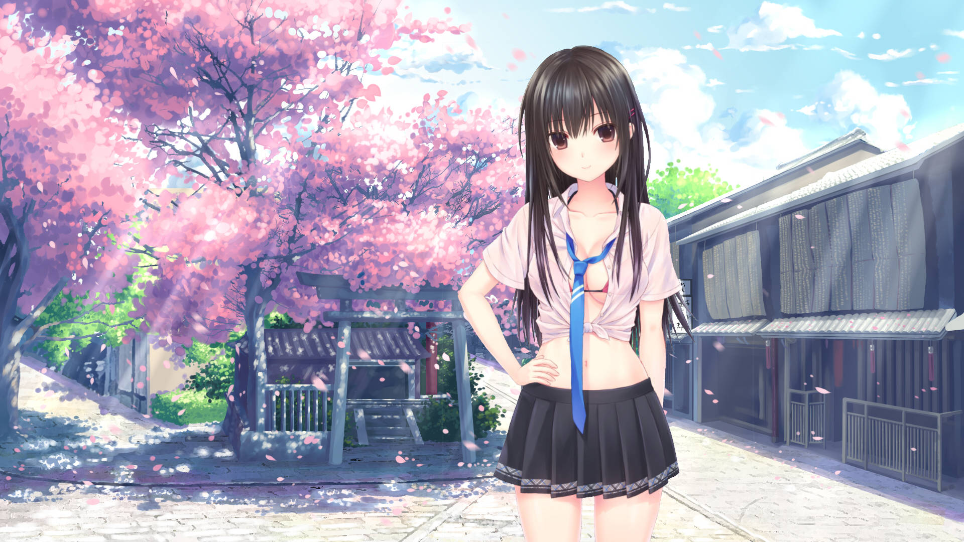 Japanese Anime 桌布 壁紙 — 一位穿著校服的年輕動漫女孩站在傳統日本街道上盛開的粉紅色櫻花樹下。