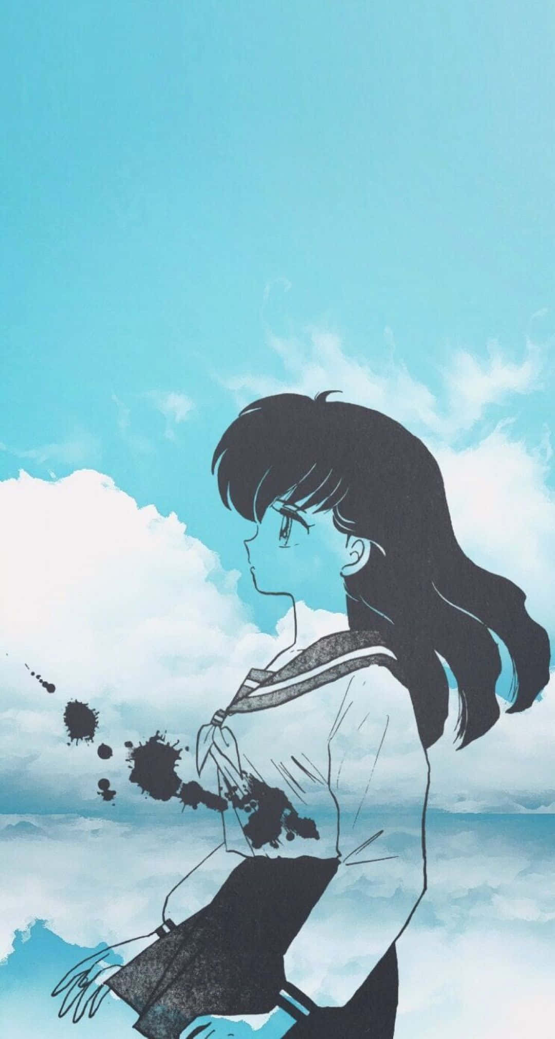 Kagome Higurashi 桌布 壁紙 — 一位穿著校服的年輕動漫女孩站在柔和的藍天下，身後有雲朵和墨水飛濺。