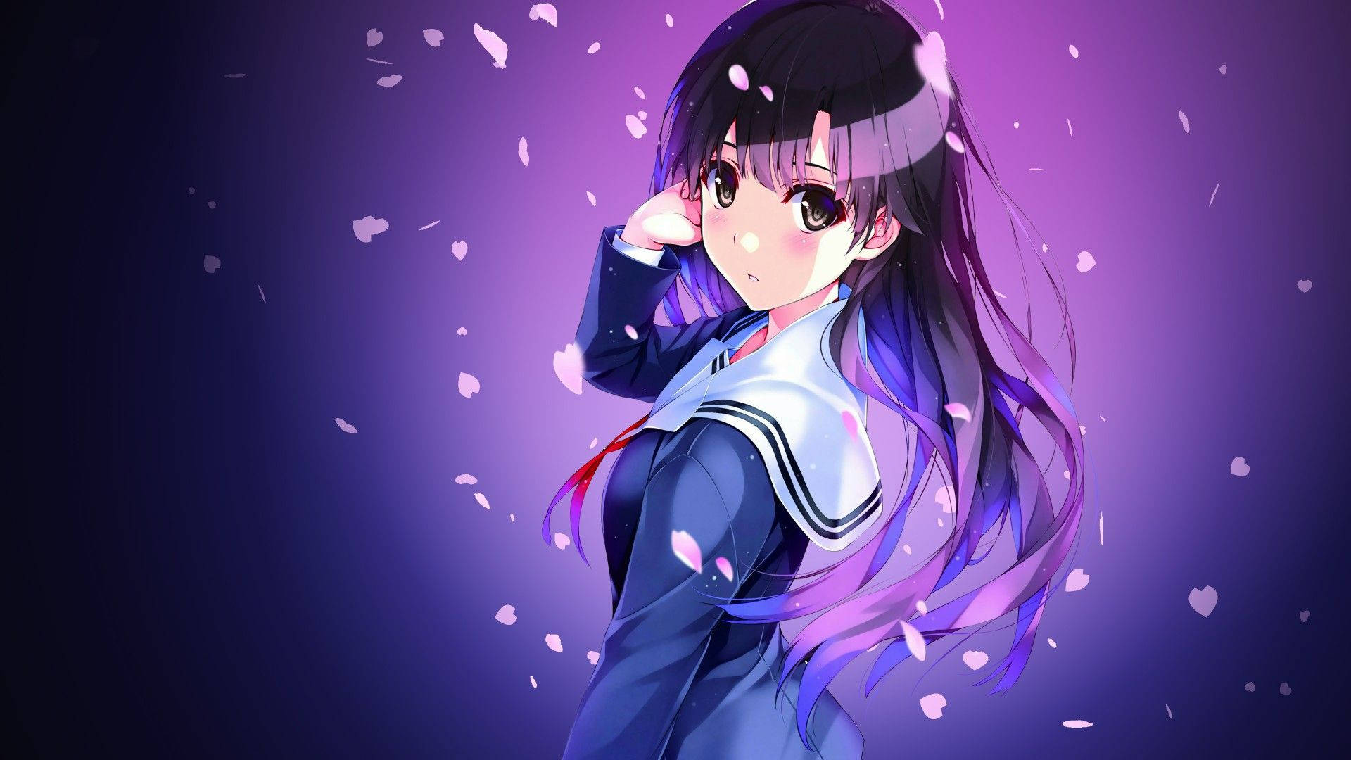 Cool Anime Girl 桌布 壁紙 — 一位穿著校服的年輕動漫女孩站在紫色漸變背景中飄落的櫻花之間。