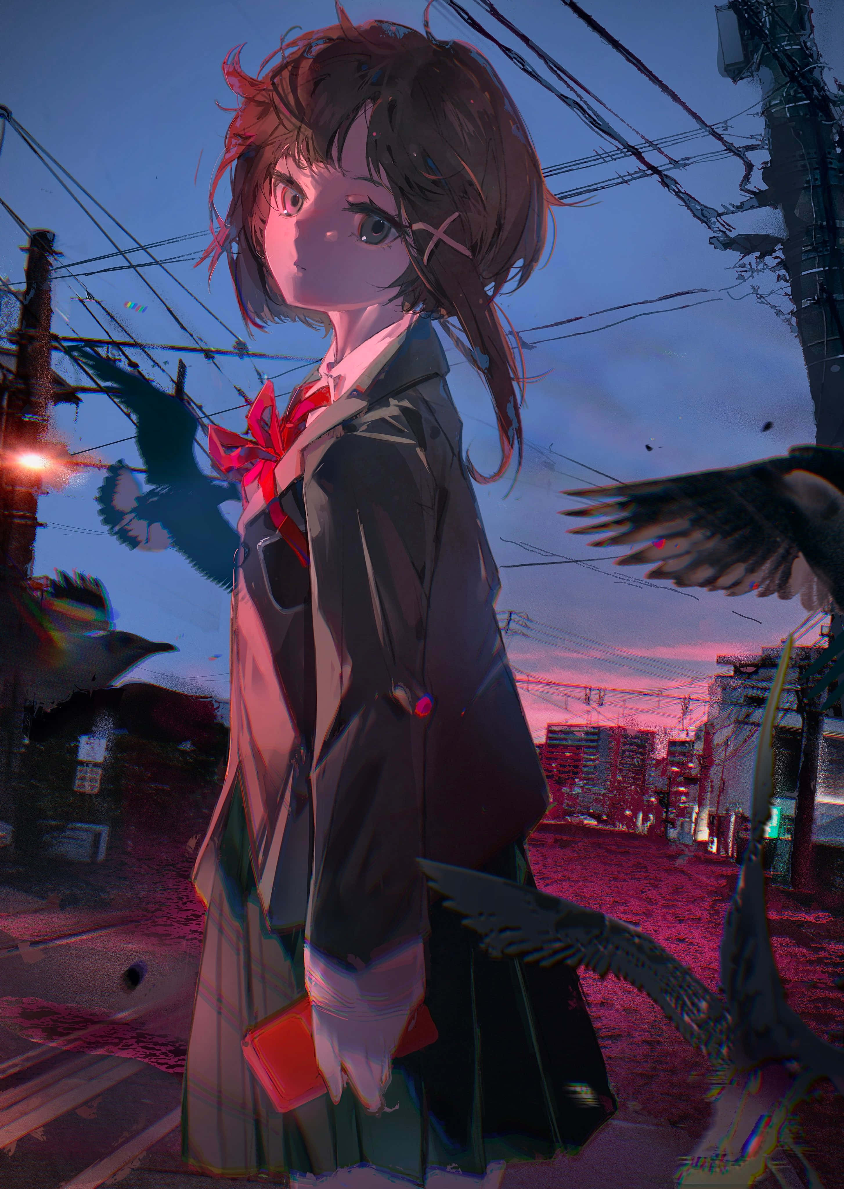 Lain Iwakura – 《Serial Experiments Lain》 壁紙 — 一位穿著校服的年輕動漫女孩站在黃昏時分霓虹燈閃爍的城市小巷中，鳥兒從她身邊飛過。