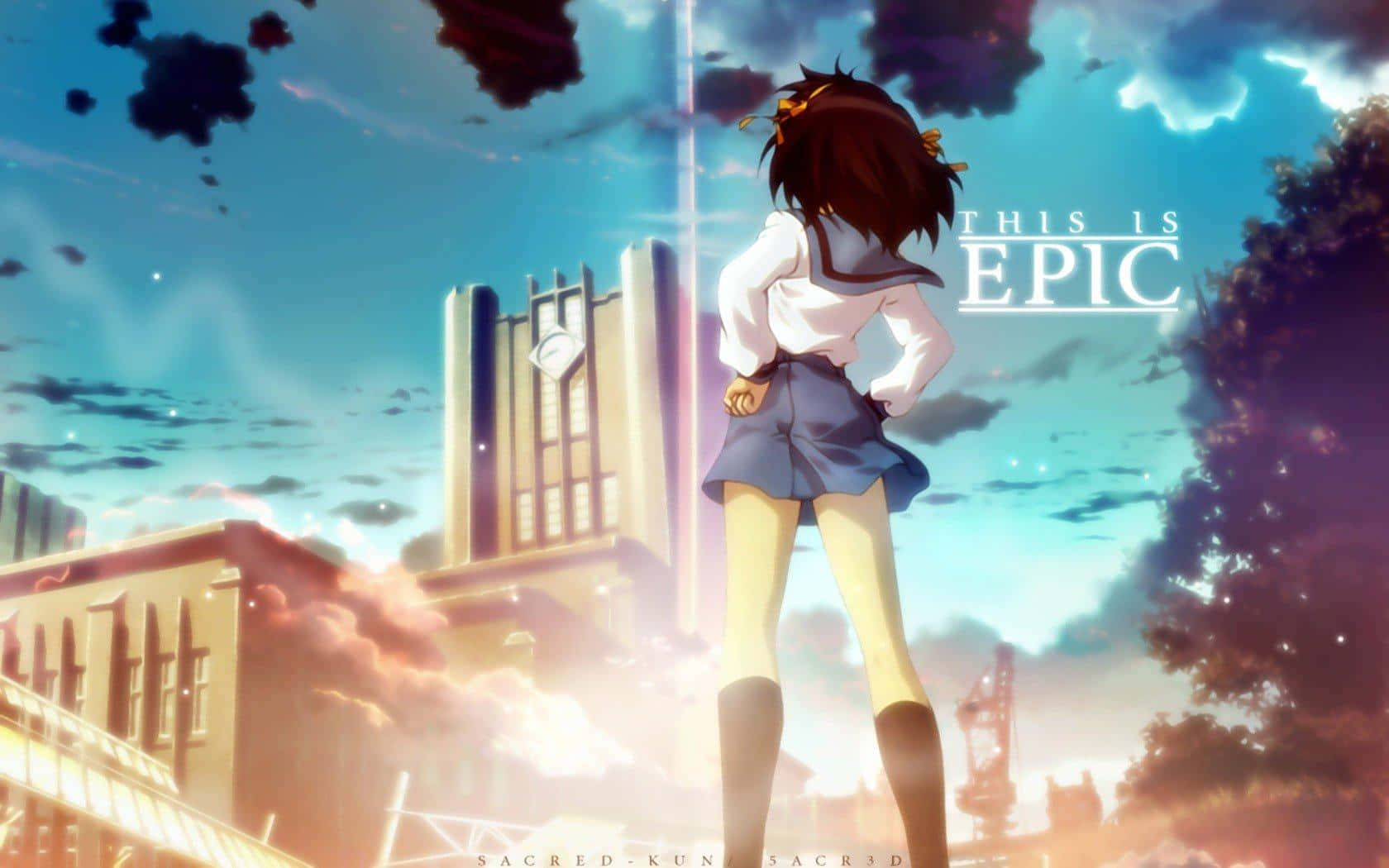 The Melancholy Of Haruhi Suzumiya 桌布 壁紙 — 一位穿著校服的年輕動漫女孩自信地站在天台，俯瞰夕陽下城市景觀，天空中有戲劇性的雲彩和發光的效果。
