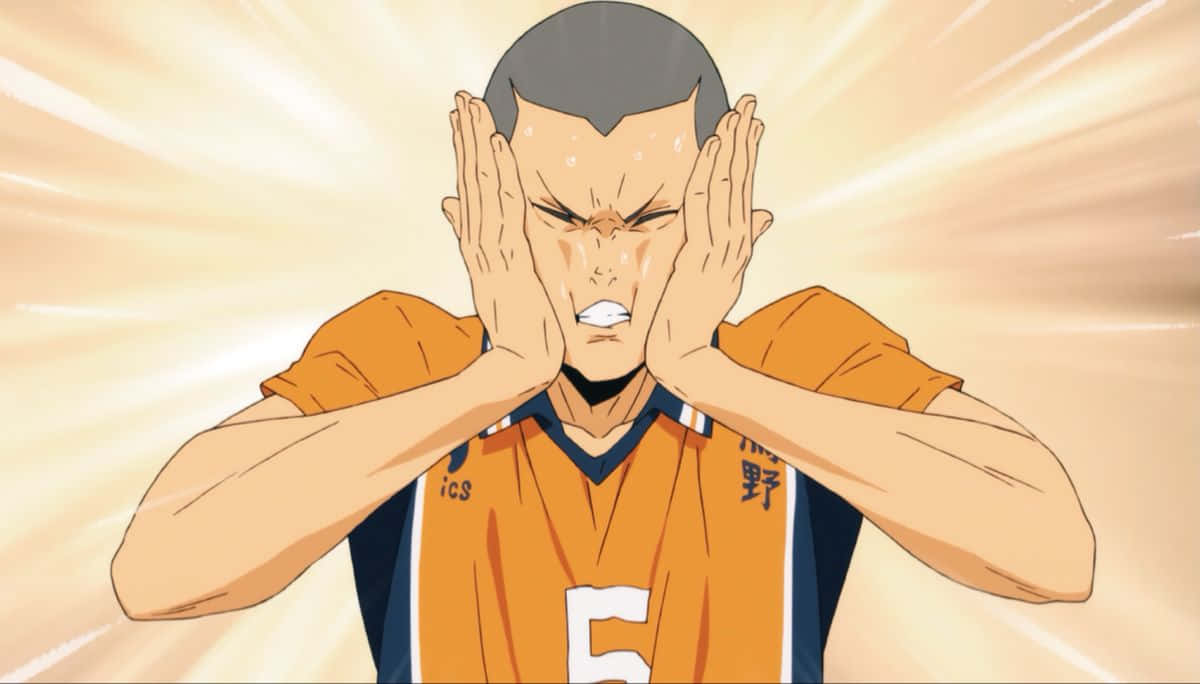 Tanaka Ryunosuke 桌布 壁紙 — 一位穿著橙色球衣的動漫排球運動員，在閃耀的金色背景下咬緊牙關，用雙手遮住臉。
