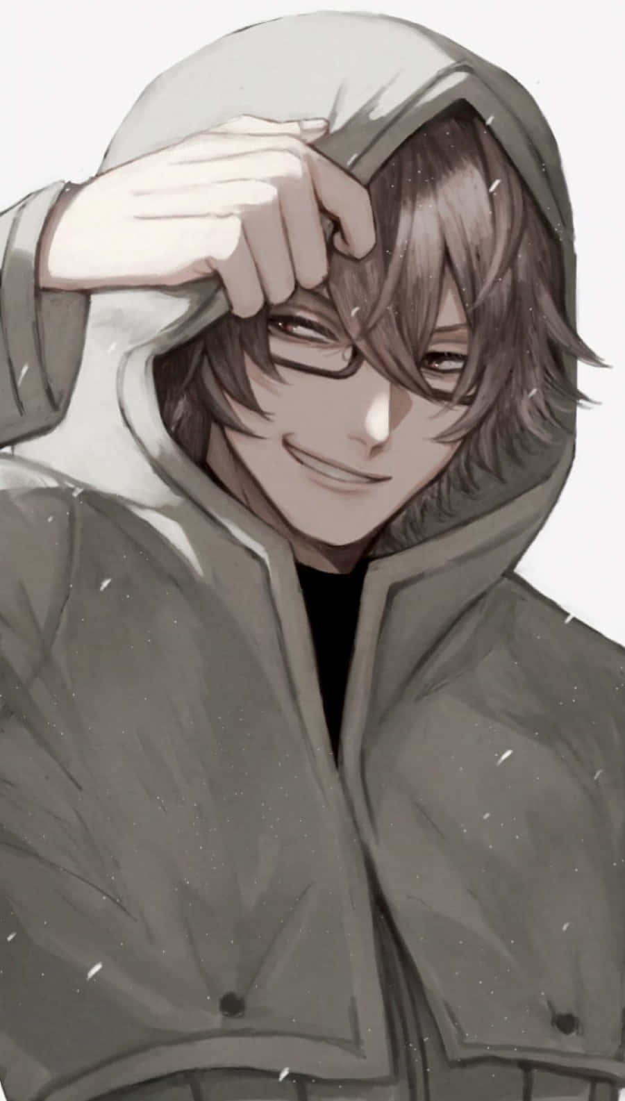 Nishiki Nishio 桌布 壁紙 — 一位穿著灰色連帽衫的年輕動漫男子微笑著調整帽子抵擋飄落的雪。