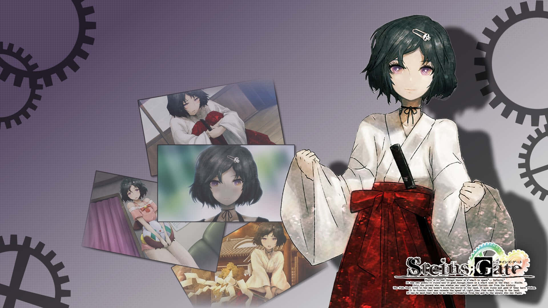 Luka Urushibara 桌布 壁紙 — 一位穿著白色和服配紅色腰帶的年輕動漫女孩，站在紫色背景前，周圍漂浮著照片和大型齒輪圖案。