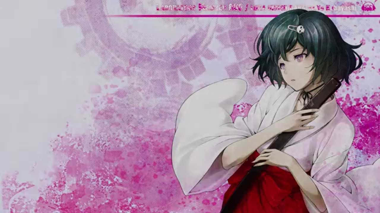 Luka Urushibara 桌布 壁紙 — 一位穿著白色和紅色和服的年輕動漫女孩，在充滿活力的粉紅色水彩潑濺背景中握著一把武士刀。