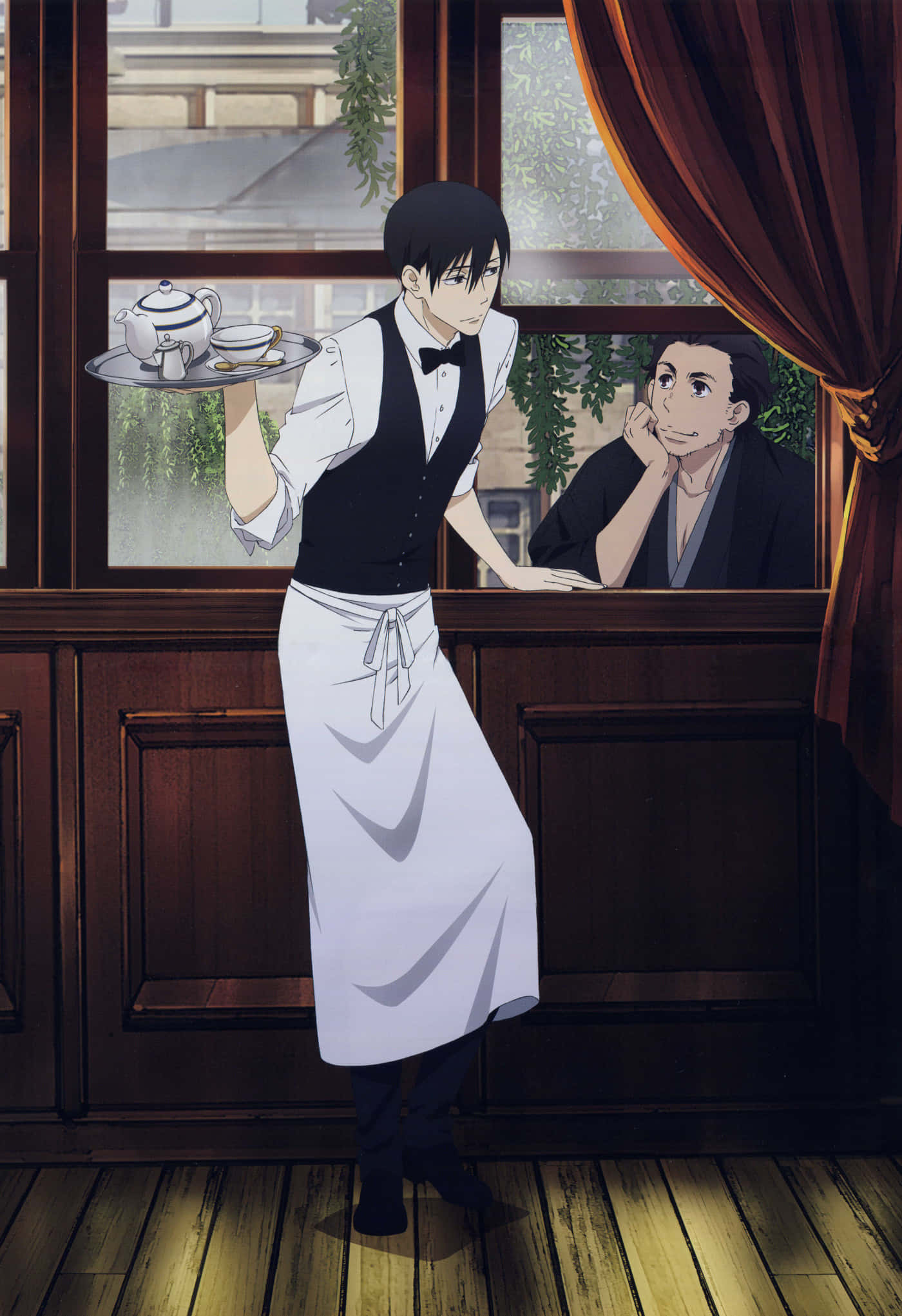 shouwa genroku rakugo shinjuu 桌布 壁紙 — 一位穿著白色圍裙和黑色背心的侍應端著茶托盤，而顧客則在溫暖燈光的木質咖啡館裡凝視窗外。