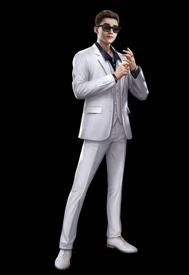 Free Fire Skyler PNG 壁紙 — 一位穿著白色西裝和太陽眼鏡的時尚男士在黑色背景前自信地擺姿勢。