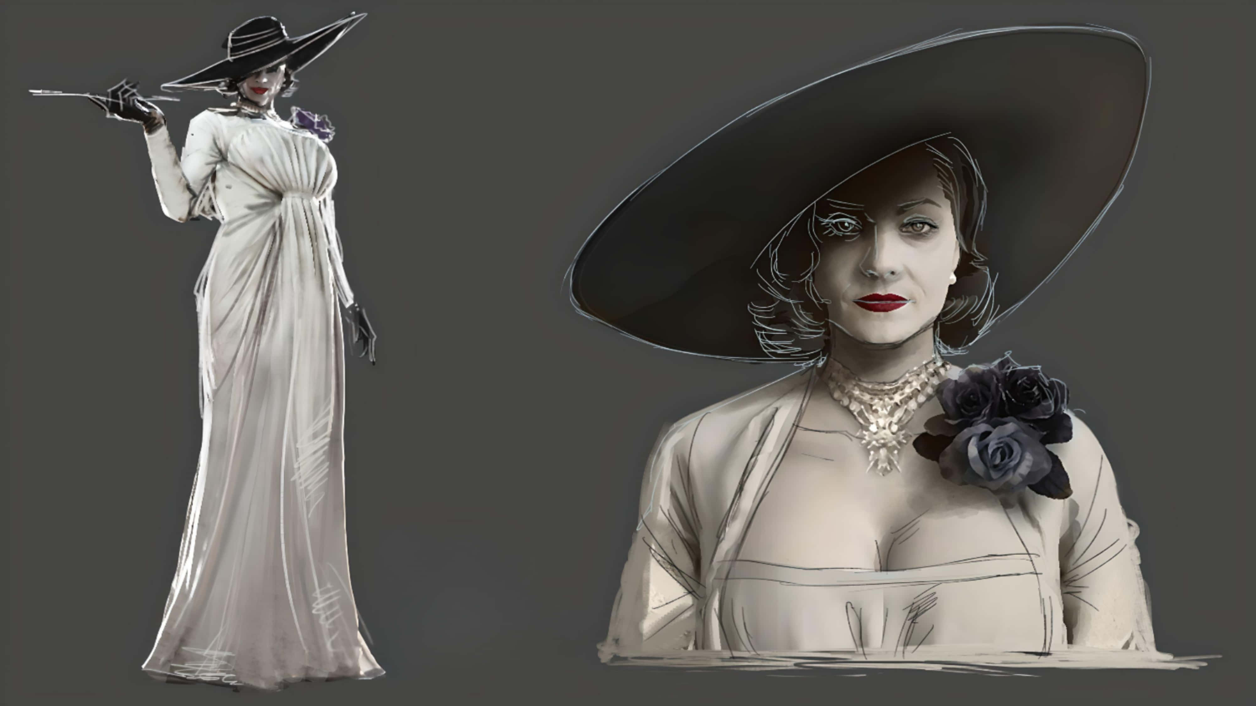 Resident Evil Village 桌布 壁紙 — 一位穿著白色長裙和寬邊帽的迷人女性手持香煙，在柔和的灰色背景下散發復古優雅氣質。