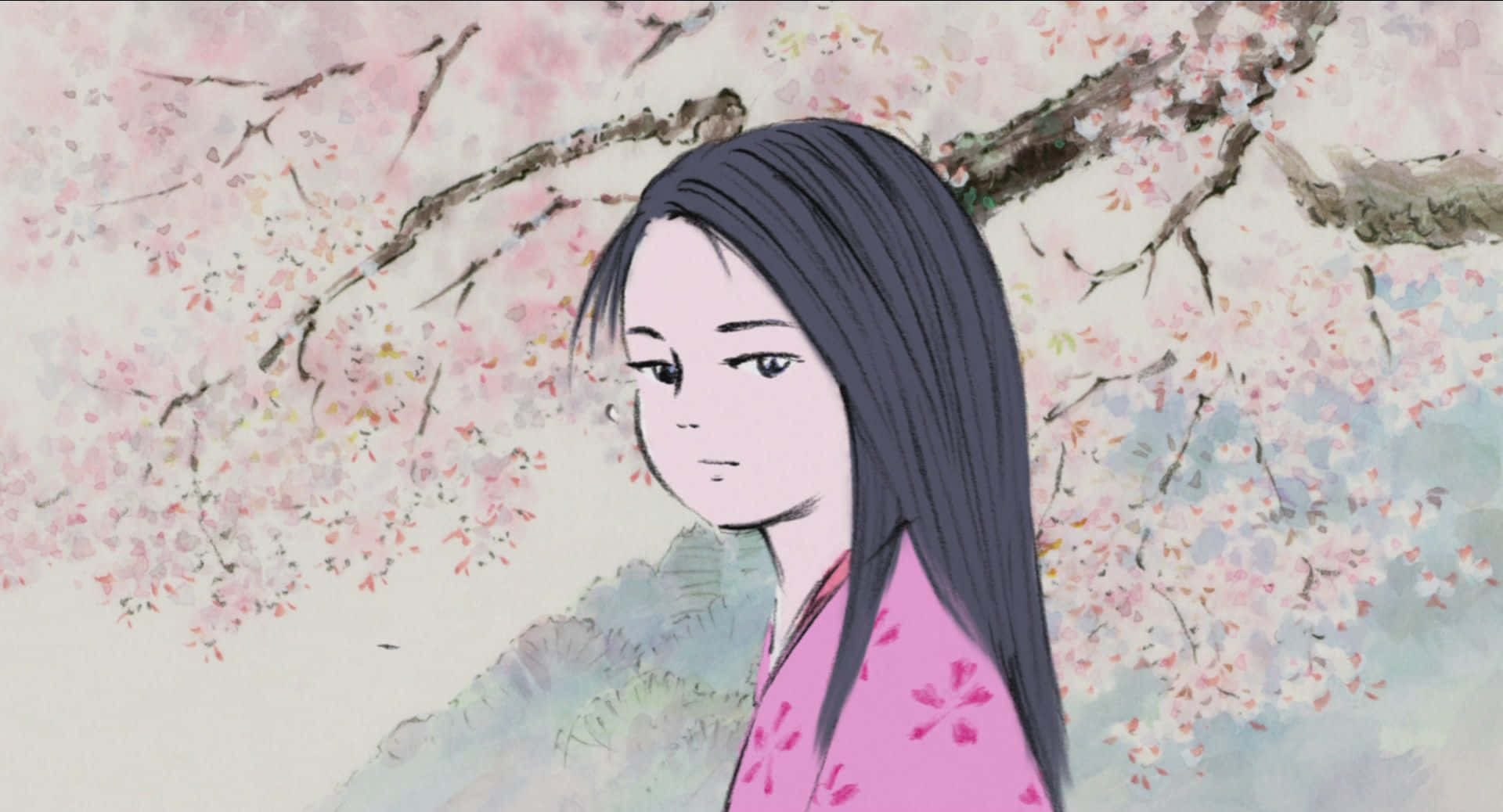 The Tale Of The Princess Kaguya 桌布 壁紙 — 一位穿著粉紅色和服的寧靜動漫女孩站在盛開的櫻花樹下，柔和的粉彩色花瓣在她周圍飄舞。