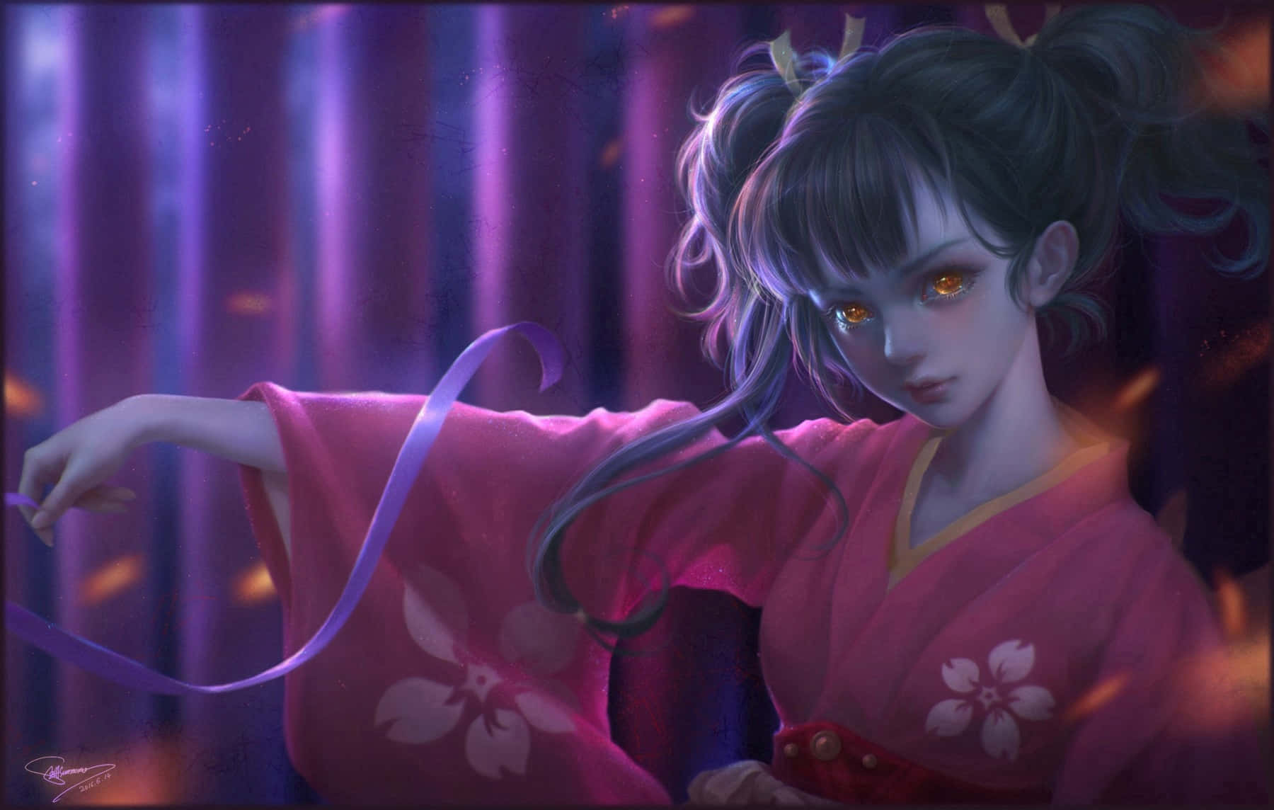 Kabaneri Of The Iron Fortress 桌布 壁紙 — 一位穿著粉紅色和服的年輕動漫女孩，發光的橙色眼睛，在紫色窗簾背景下拿著一條紫色絲帶。