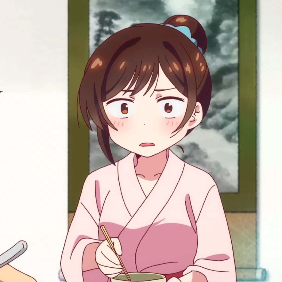 Chizuru Maihara 桌布 壁紙 — 一位穿著粉紅色和服的年輕動漫女孩，手持筷子放在碗上，表情驚訝。