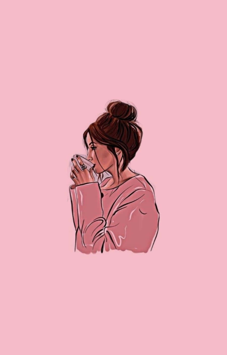 可愛少女風gif 桌布 壁紙 — 一位穿著粉紅色毛衣的女性在純粉色背景前，從杯子中啜飲，呈現柔和的數位插圖風格。