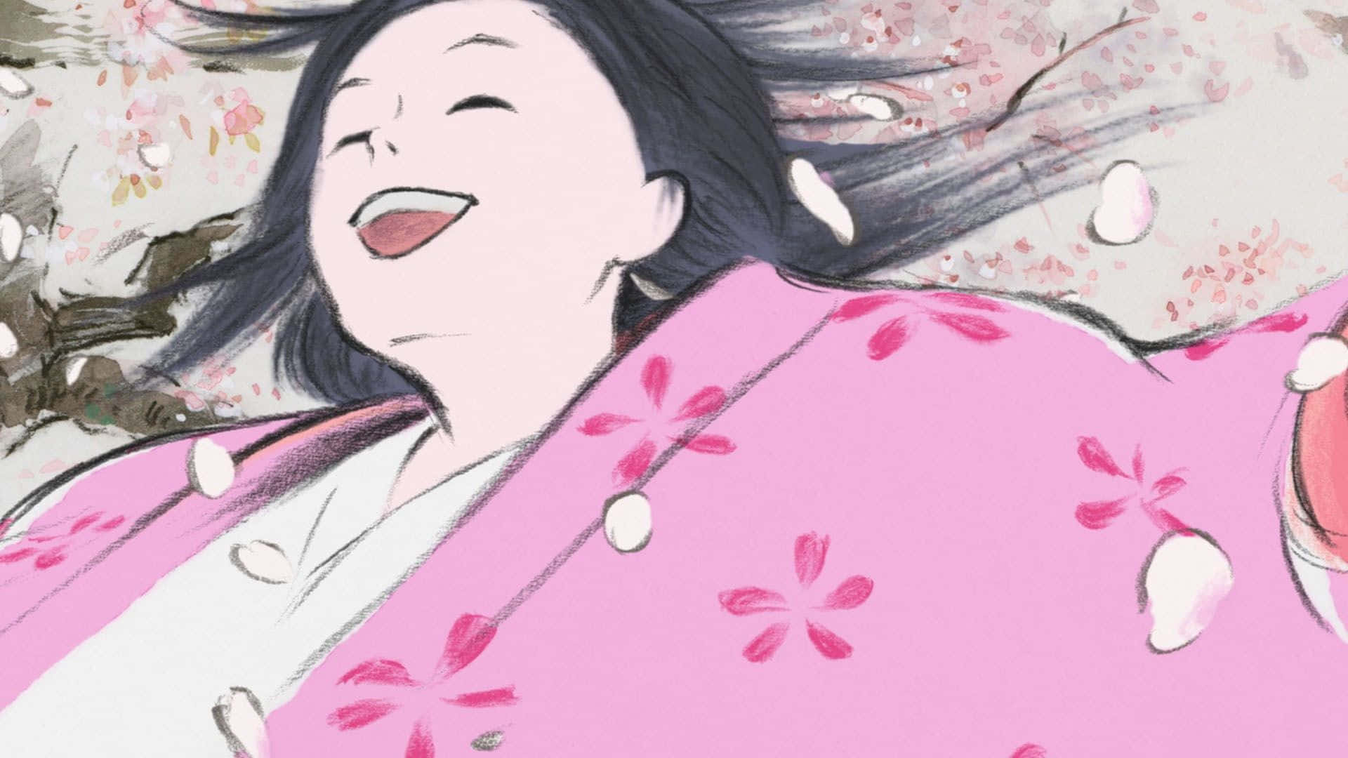 The Tale Of The Princess Kaguya 桌布 壁紙 — 一位穿著粉紅色花卉和服的快樂女性在柔和水彩風格下，於飄落的櫻花中大笑。