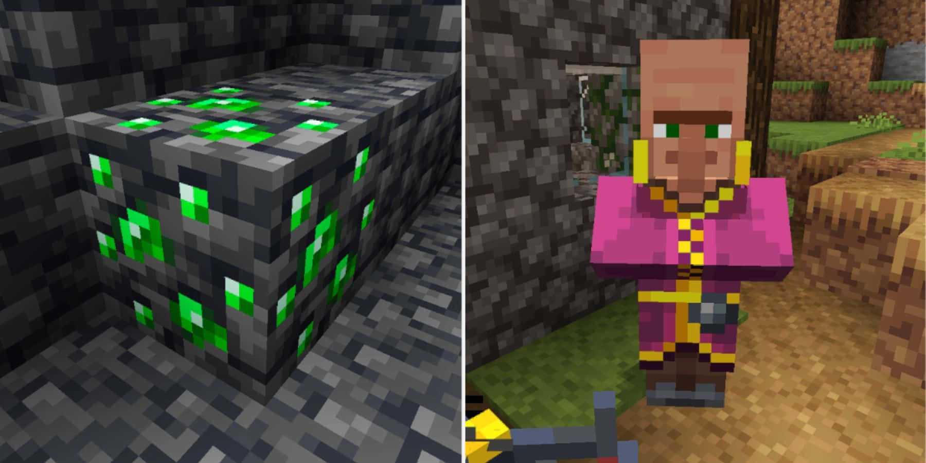 Minecraft Emeralds 桌布 壁紙 — 一位穿著粉紅色長袍的Minecraft玩家站在石洞中發光的綠色鑽石礦石方塊旁邊。