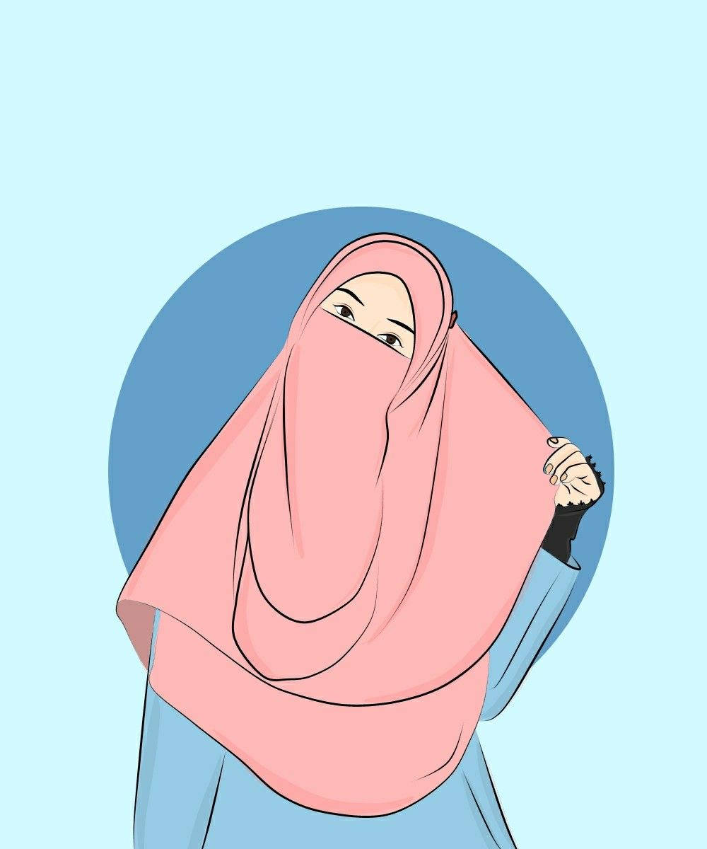 muslim 桌布 壁紙 — 一位穿著粉紅色頭巾的女性，一隻眼睛從布料後探出，背景為藍色圓形。