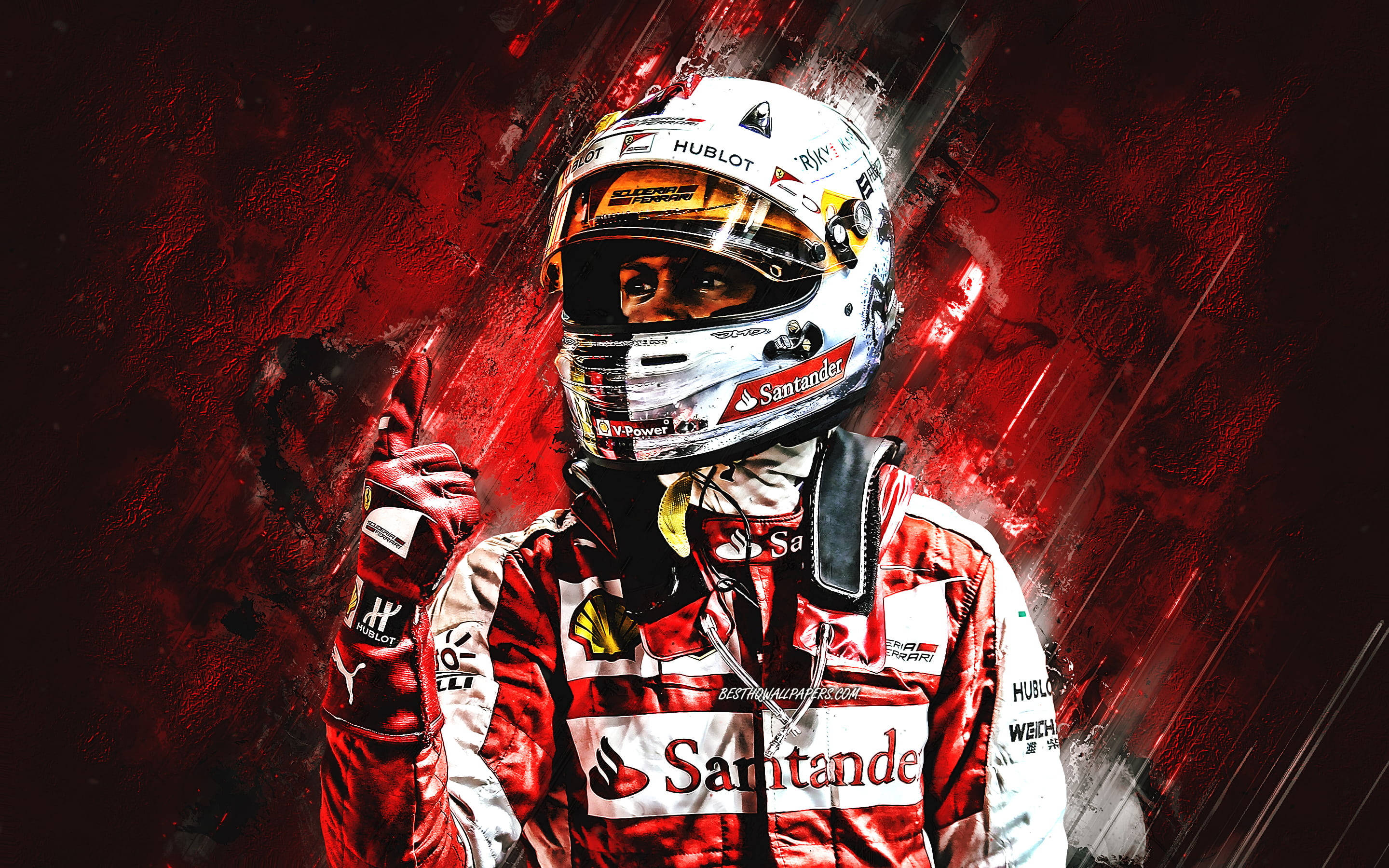 sebastian vettel 桌布 壁紙 — 一位穿著紅白賽車服的F1車手在動態紅色抽象背景前豎起大拇指。