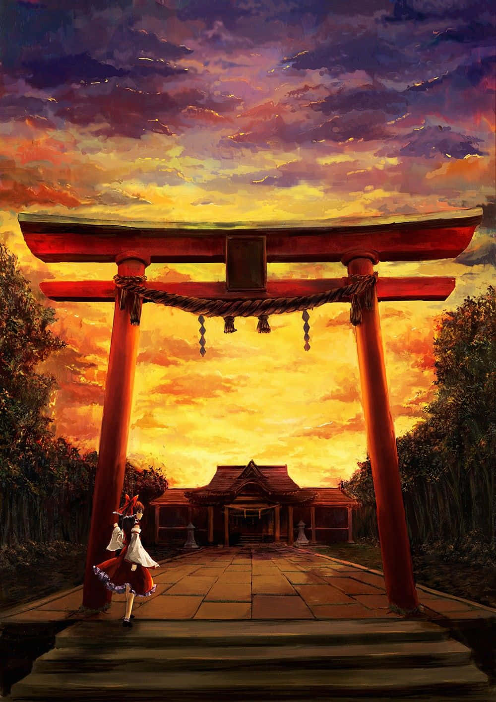 Shinto 桌布 壁紙 — 一位穿著紅白連衣裙的年輕動漫女孩站在夕陽下高聳的紅色鳥居前，遠處可見神社。