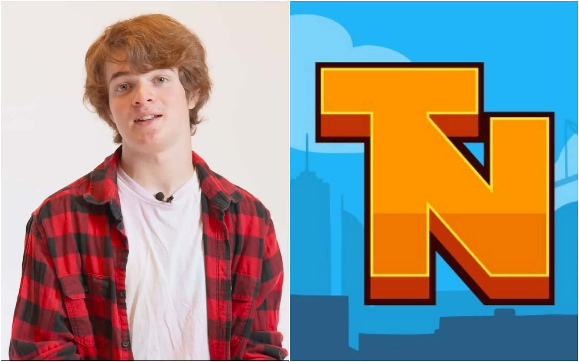 Minecraft Twitch Streamers 桌布 壁紙 — 一位穿著紅色格仔恤衫的年輕男子，站在一個大膽卡通風格的橙色「N」標誌旁邊，背景是藍色城市天際線。