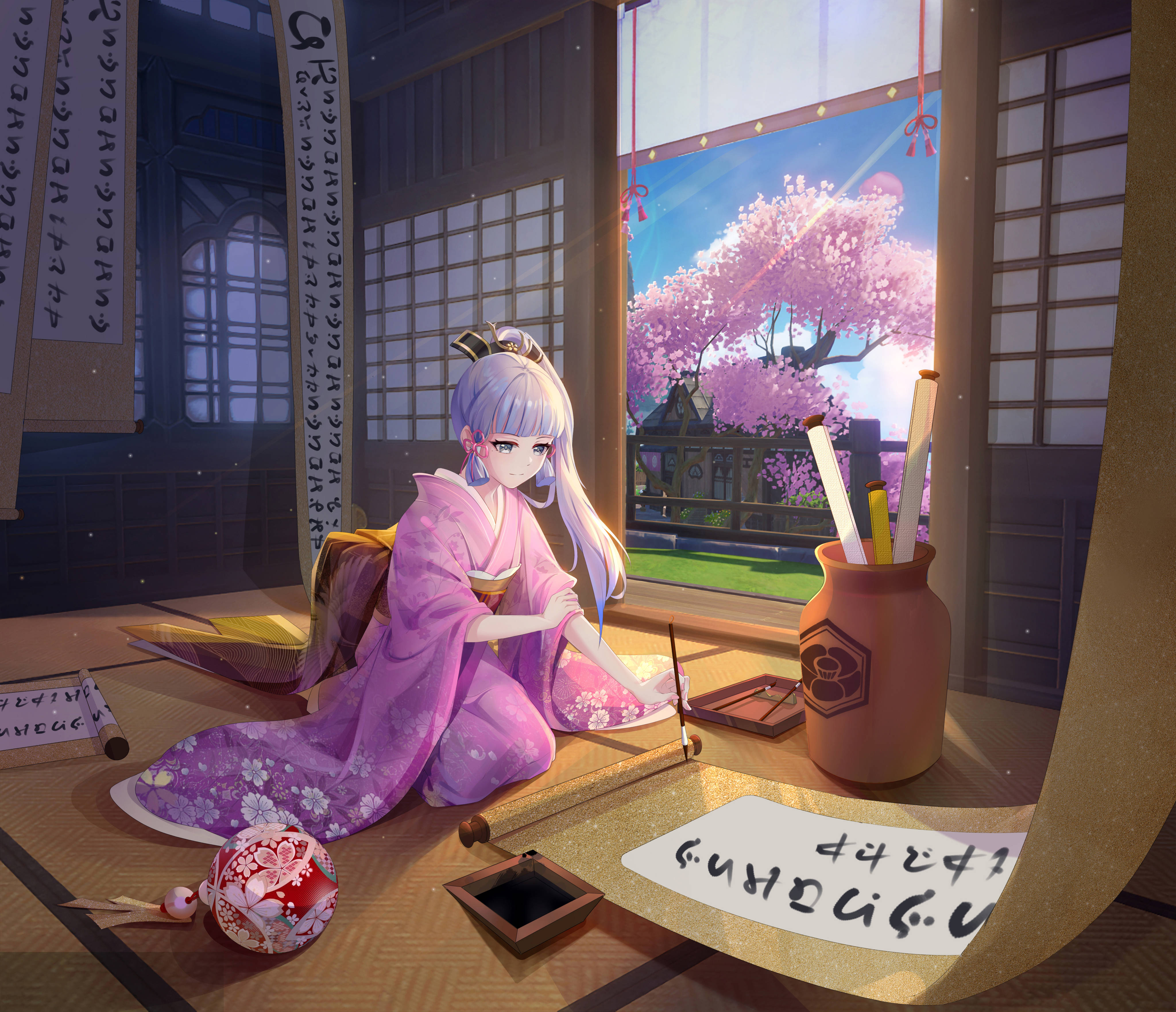 遊戲 桌布 壁紙 — 一位穿著紫色和服的寧靜動漫女孩，在俯瞰盛開櫻花的窗邊練習書法。