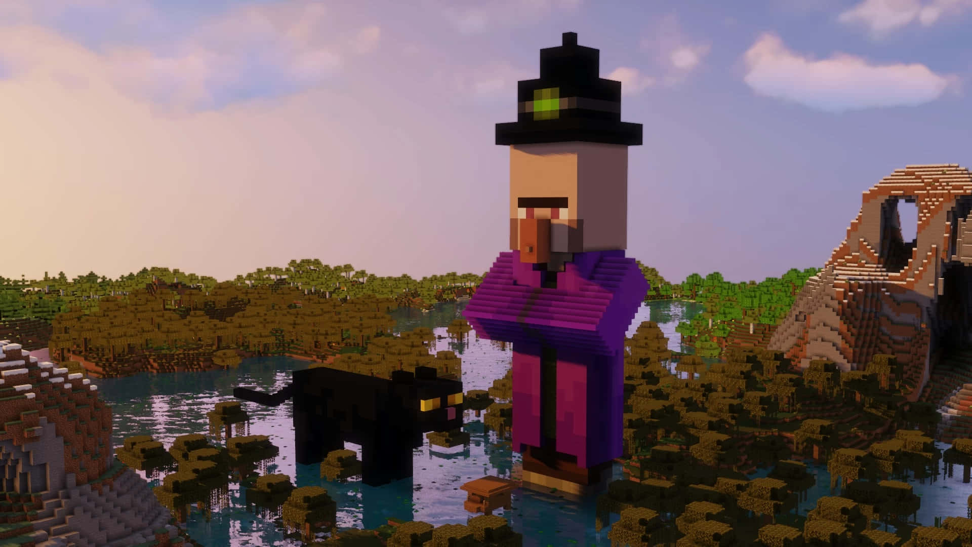 Minecraft Witch 桌布 壁紙 — 一位穿著紫色長袍和黑色帽子的Minecraft女巫，在日落時分與她的黑貓一起站在淺水中，背景是方塊狀的森林景觀。