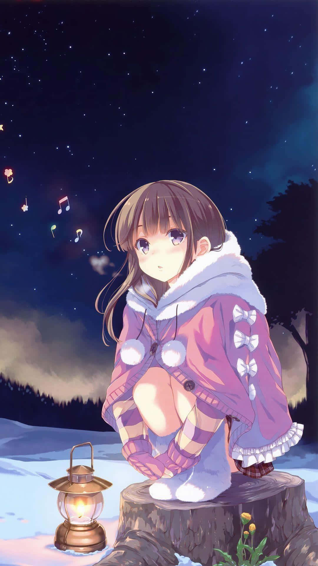 Cute Animations 桌布 壁紙 — 一位穿著舒適冬季外套的年輕動漫女孩坐在樹樁上，星空下漂浮著音符，旁邊有一盞燈籠閃耀。