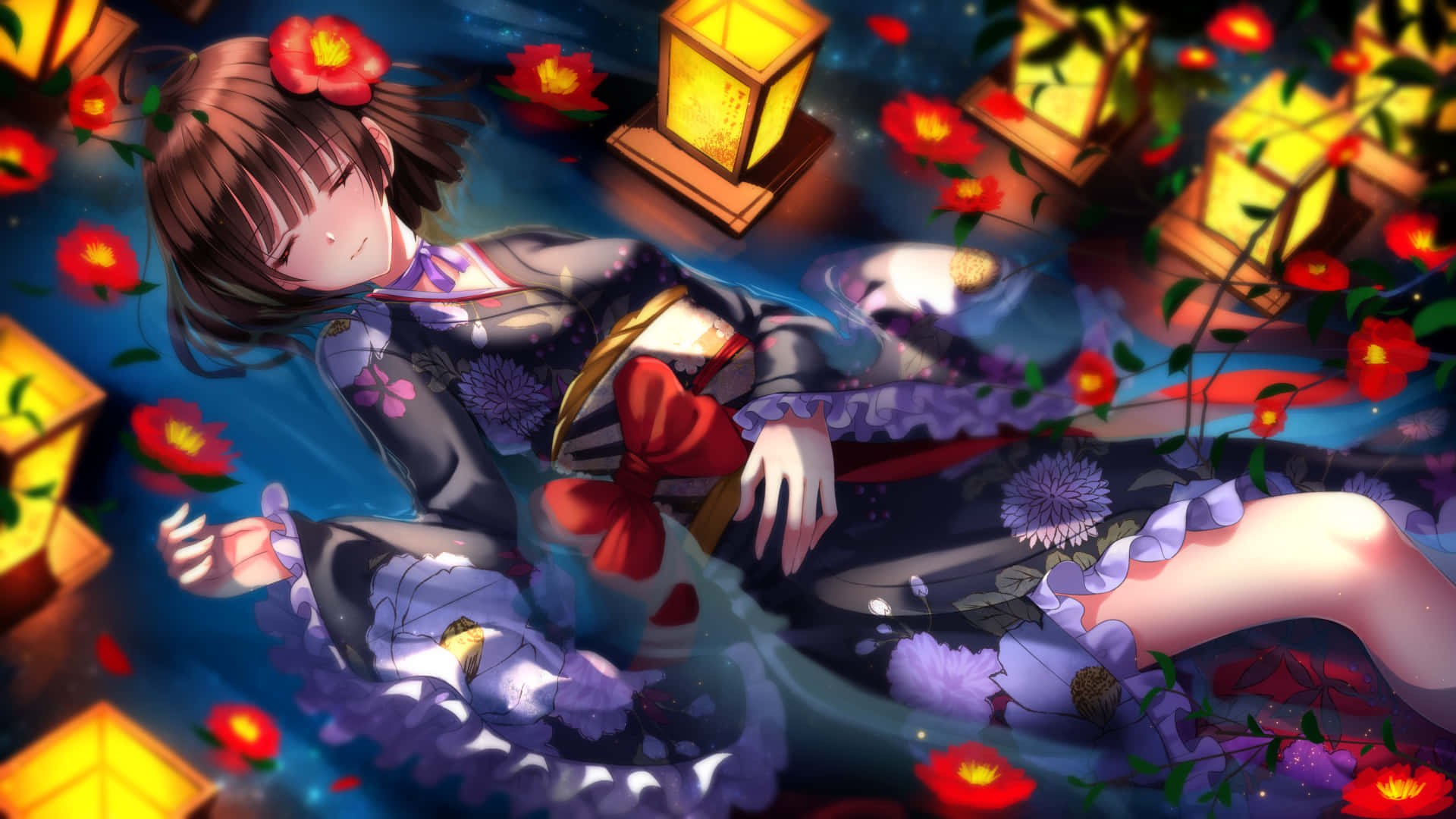 Kabaneri Of The Iron Fortress 桌布 壁紙 — 一位穿著花卉和服的寧靜動漫女孩漂浮在發光的燈籠和紅花之間，構成夢幻般的夜景。