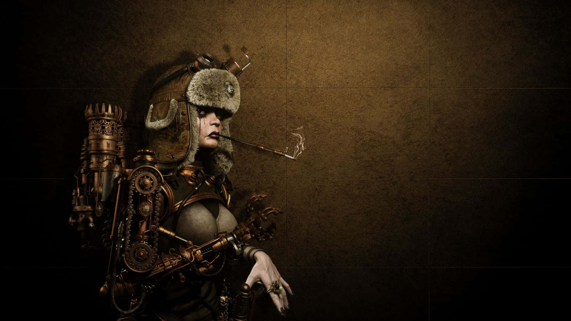 Dark Steampunk 桌布 壁紙 — 一位穿著華麗黃銅齒輪和毛皮帽子的蒸氣龐克女性，在紋理棕色背景前抽著煙斗。