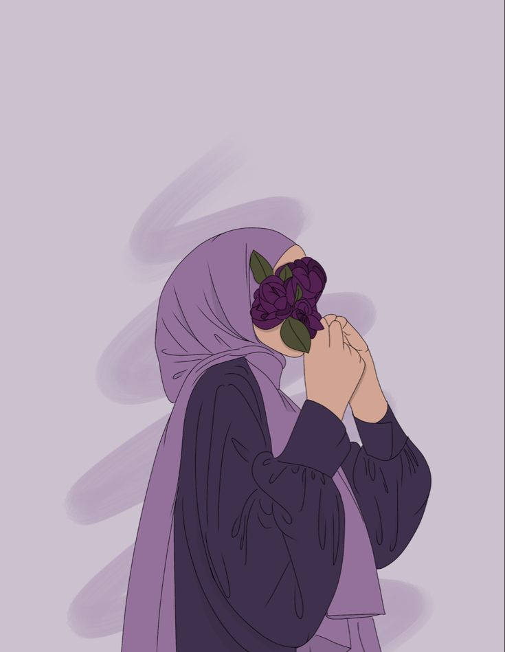 hijab cartoon 桌布 壁紙 — 一位穿著薰衣草色頭巾的女性，在柔和的薰衣草背景前，將一朵紫色玫瑰舉在臉上。