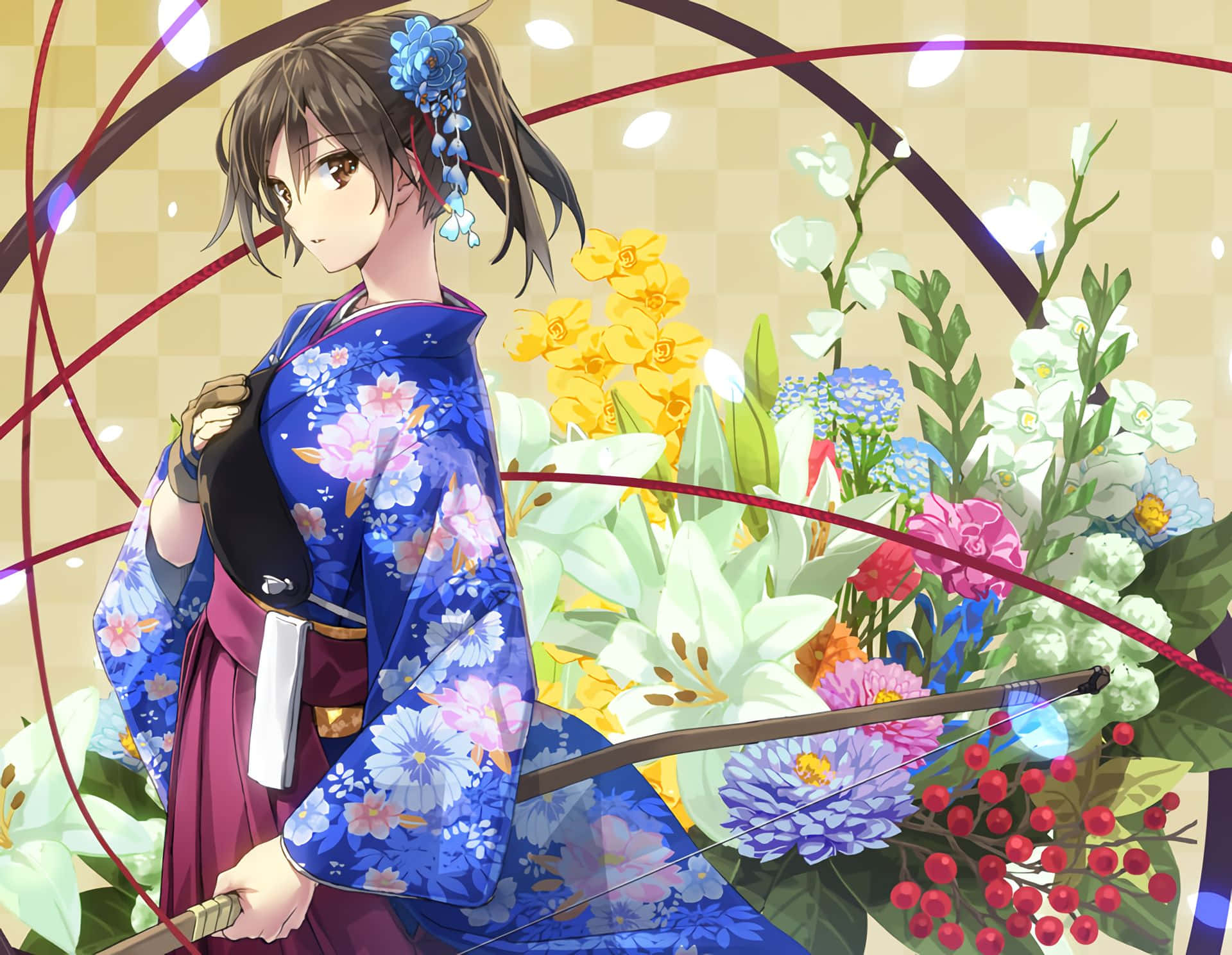 Kantai Collection 桌布 壁紙 — 一位穿著藍色花卉和服的年輕動漫女孩，手持弓箭，周圍環繞著鮮豔的花朵和發光的球體。
