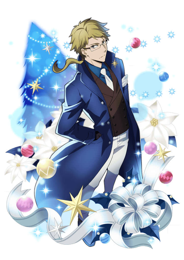 Kunikida 桌布 壁紙 — 一位穿著藍色西裝的時尚動漫男子，站在閃爍星星和白色花朵的節日裝飾中。