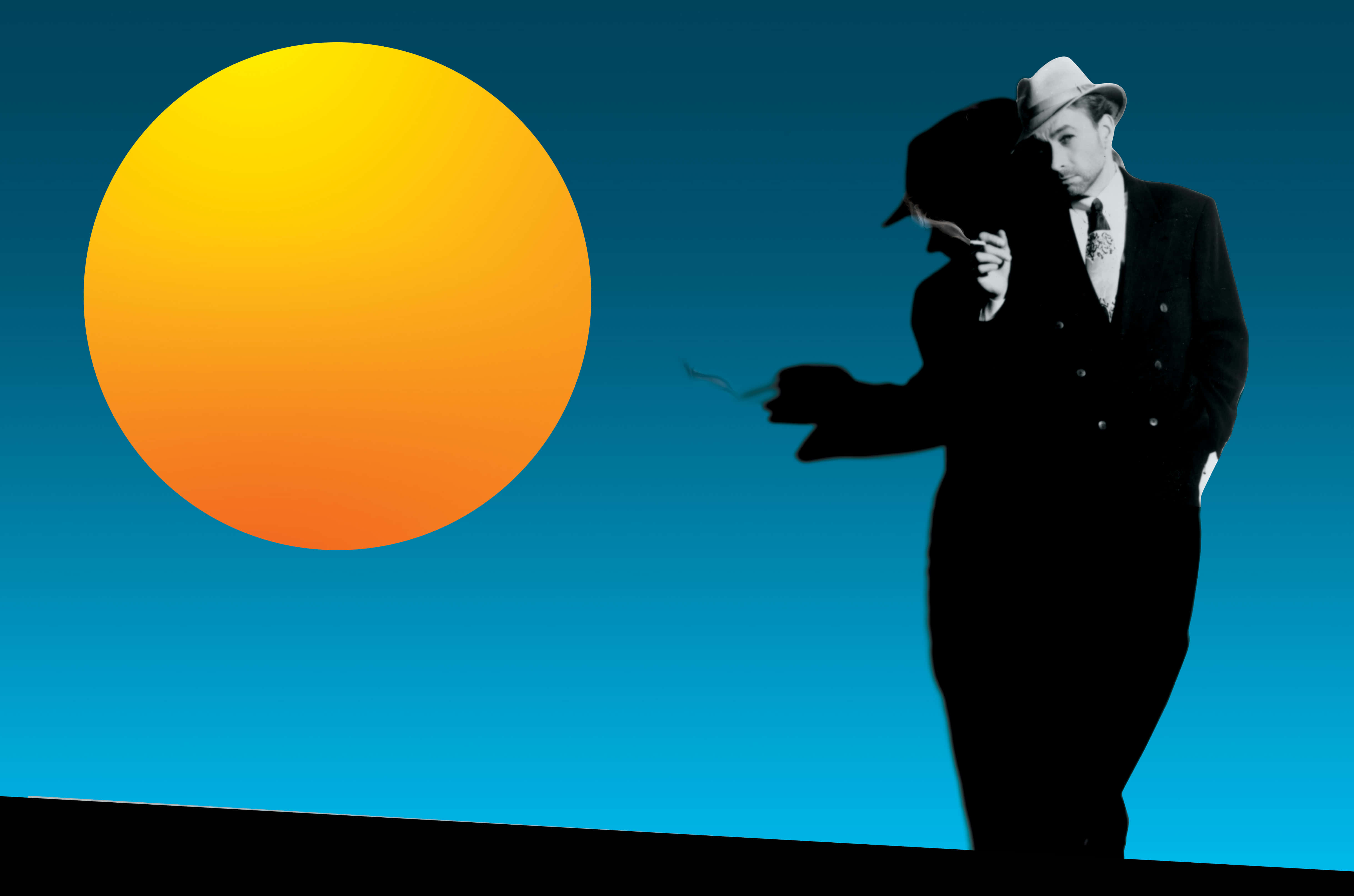 Bobby Caldwell 桌布 壁紙 — 一位穿著西裝和軟呢帽的黑色風格男子，在藍天和巨大橙色太陽下抽煙。