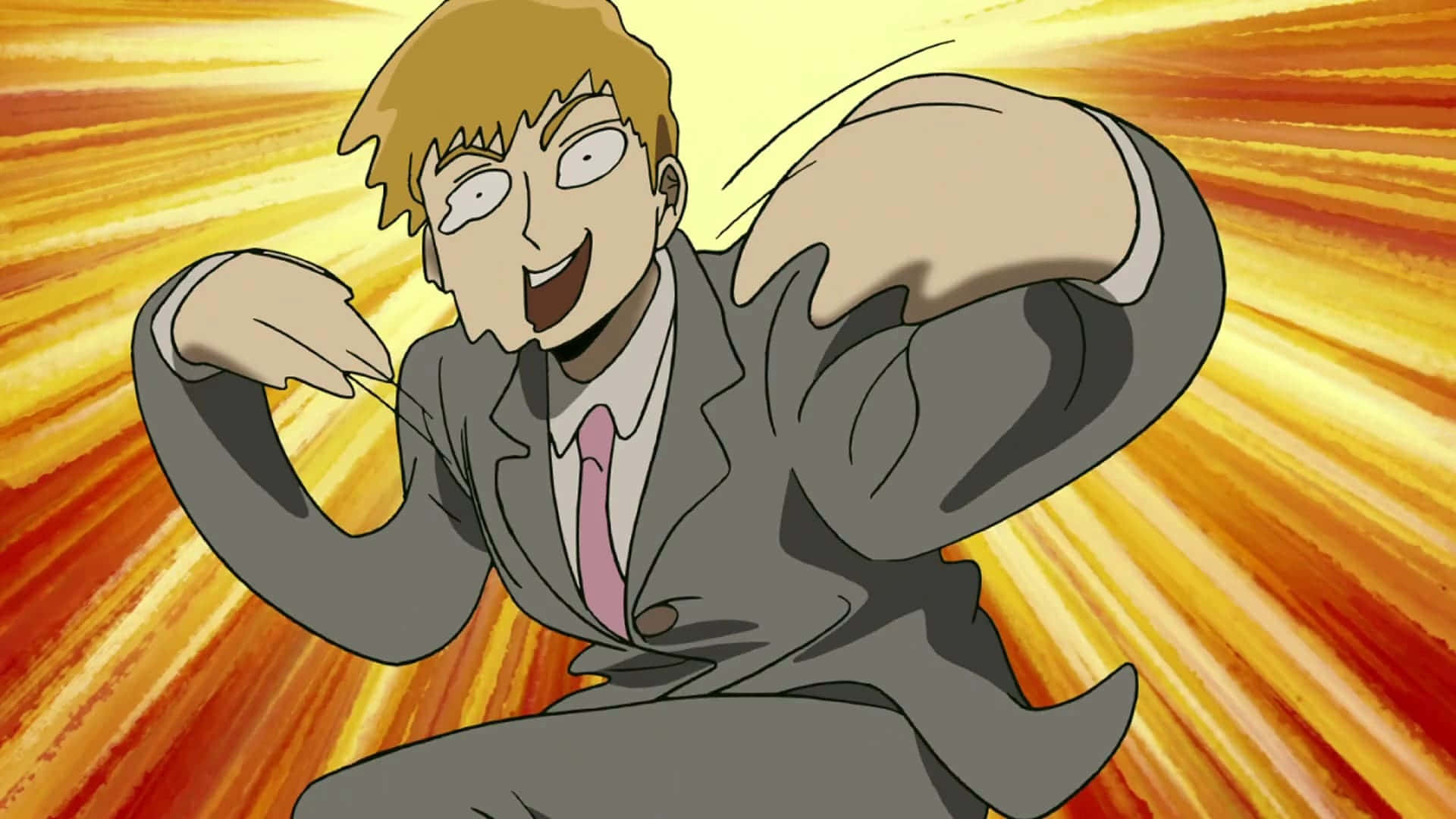Mob Psycho 桌布 壁紙 — 一位穿著西裝的動畫男子在熾熱的橙色和黃色放射狀背景前擺出動態姿勢。