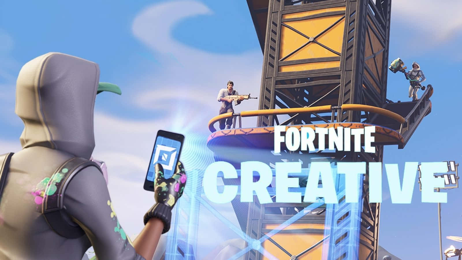 Creative Mode 桌布 壁紙 — 一位穿著連帽衫的《要塞英雄》玩家拿著發光的手機，而其他人在明亮的藍天下於塔頂戰鬥。